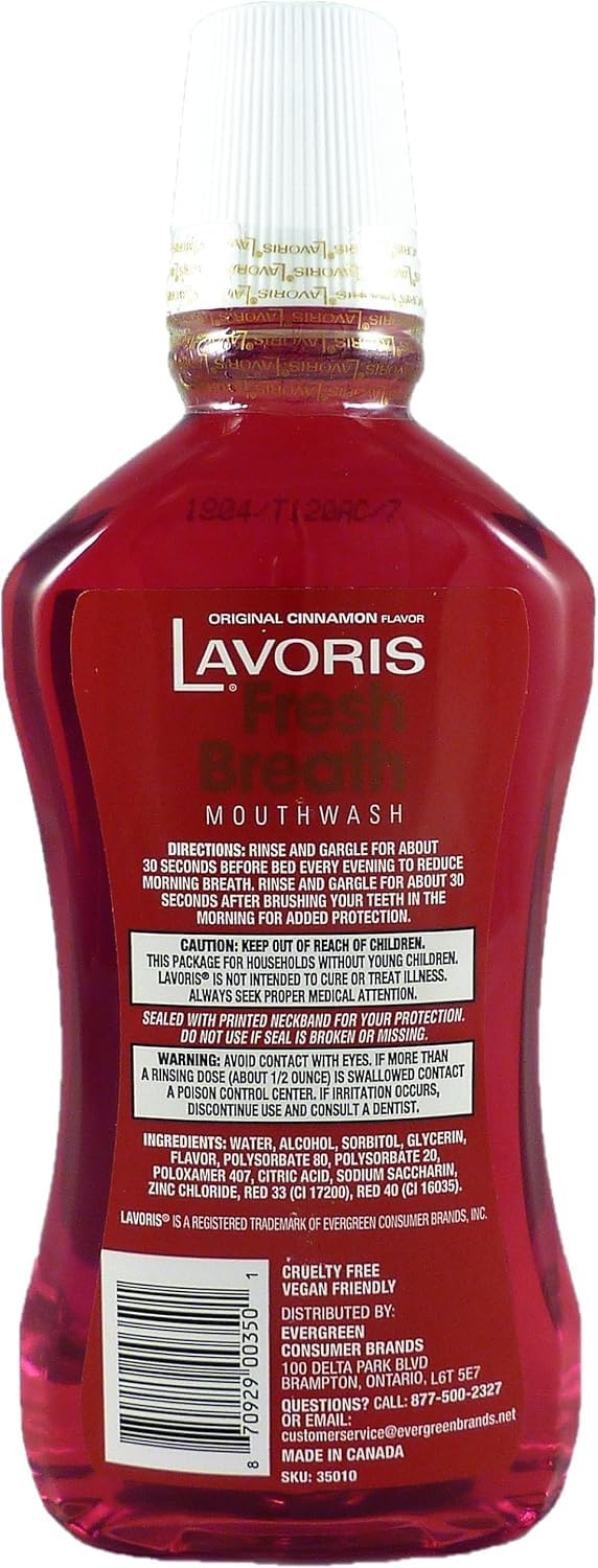 Lavoris Cinnamon Original enjuague bucal, paquete de tres botellas para mayor conveniencia.