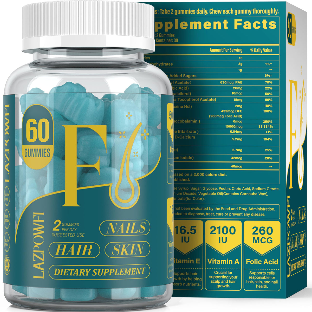 Lazpowfi Biotin Gummies: vista de gominolas, promesa de cabello y uñas más fuertes.