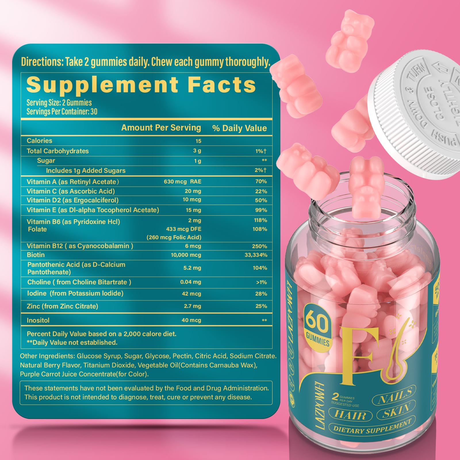 Lazpowfi Biotina Gomitas en mano, textura suave para consumo diario.