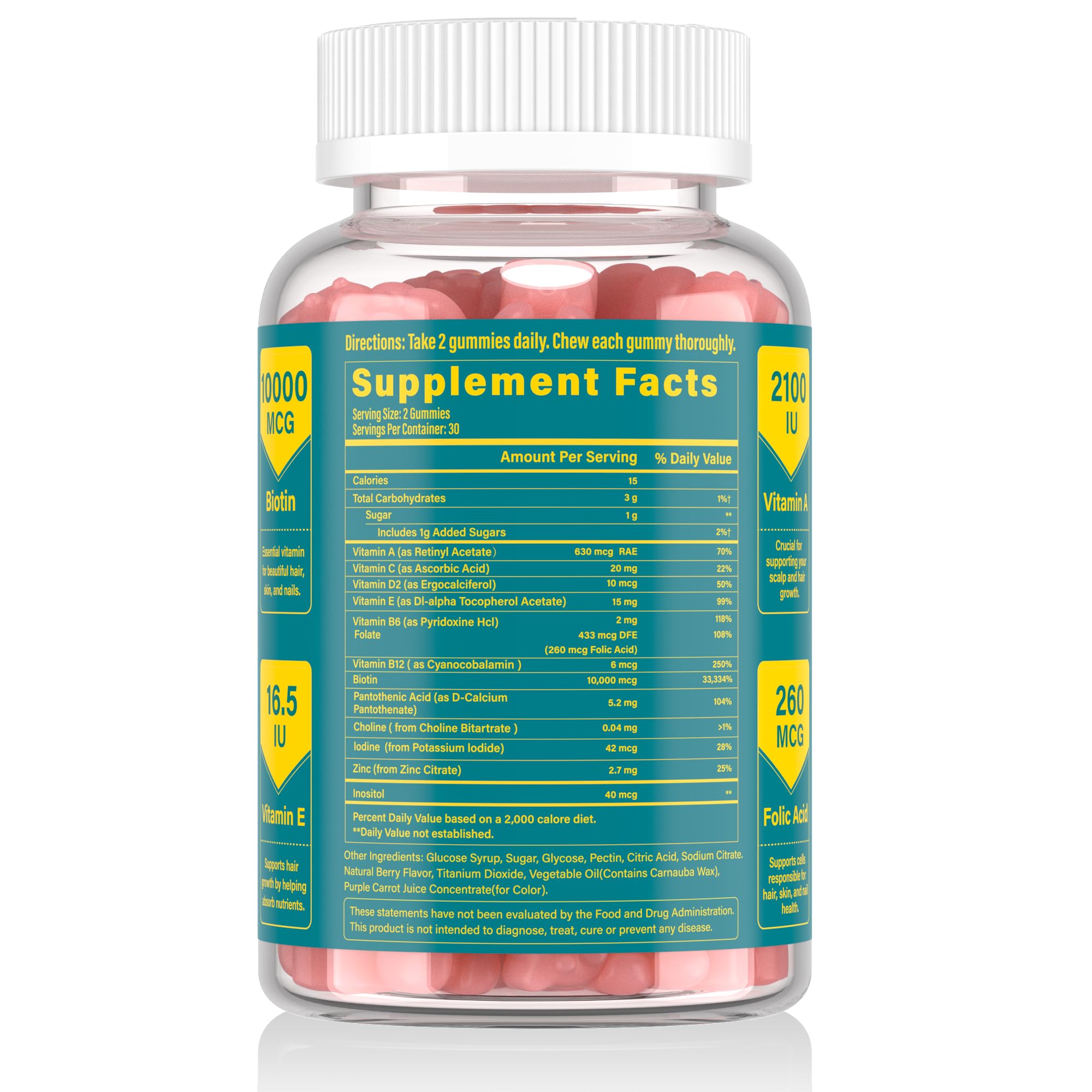 Lazpowfi Biotina Gomitas frasco transparente, enfoque en piel sana y uñas radiantes.