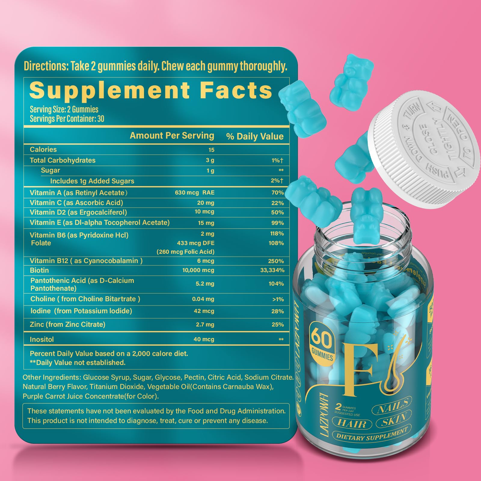 Lazpowfi Biotin Gummies: primer plano de la botella y su fórmula vitaminada.