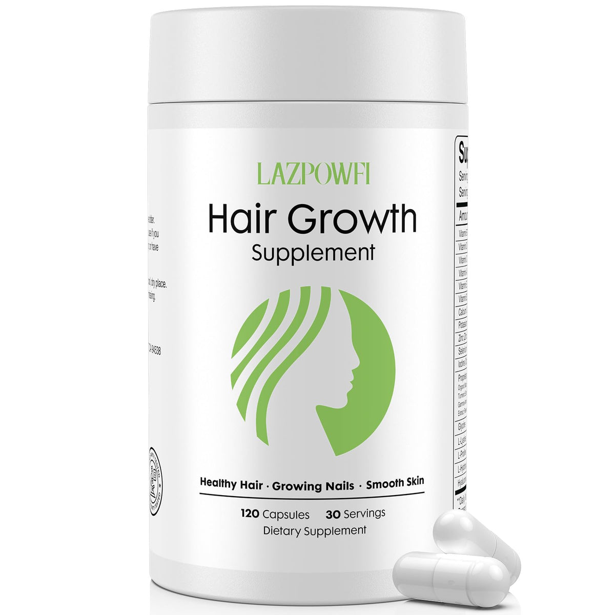 Lazpowfi botella vertido: vista de la botella para administración diaria de vitaminas para cabello.