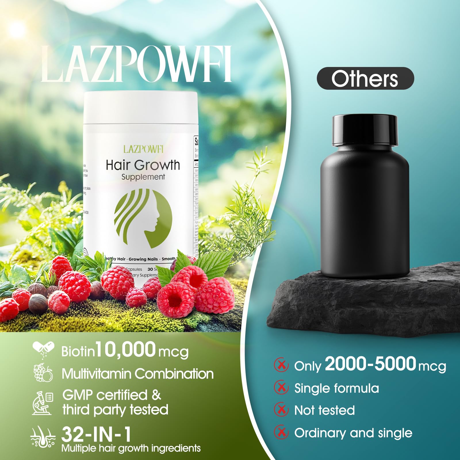 Lazpowfi ingredientes 32-en-1: mezcla de nutrientes para cabello, piel y uñas.