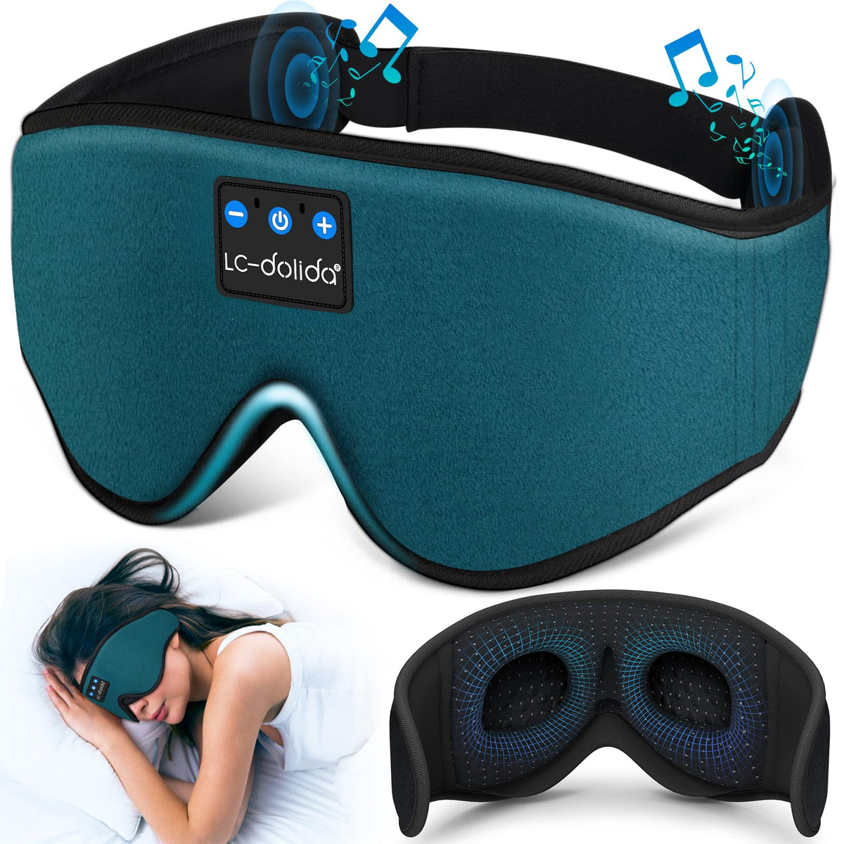 LC-dolida máscara-dormir con auriculares, vista frontal para dormir sin distracciones.