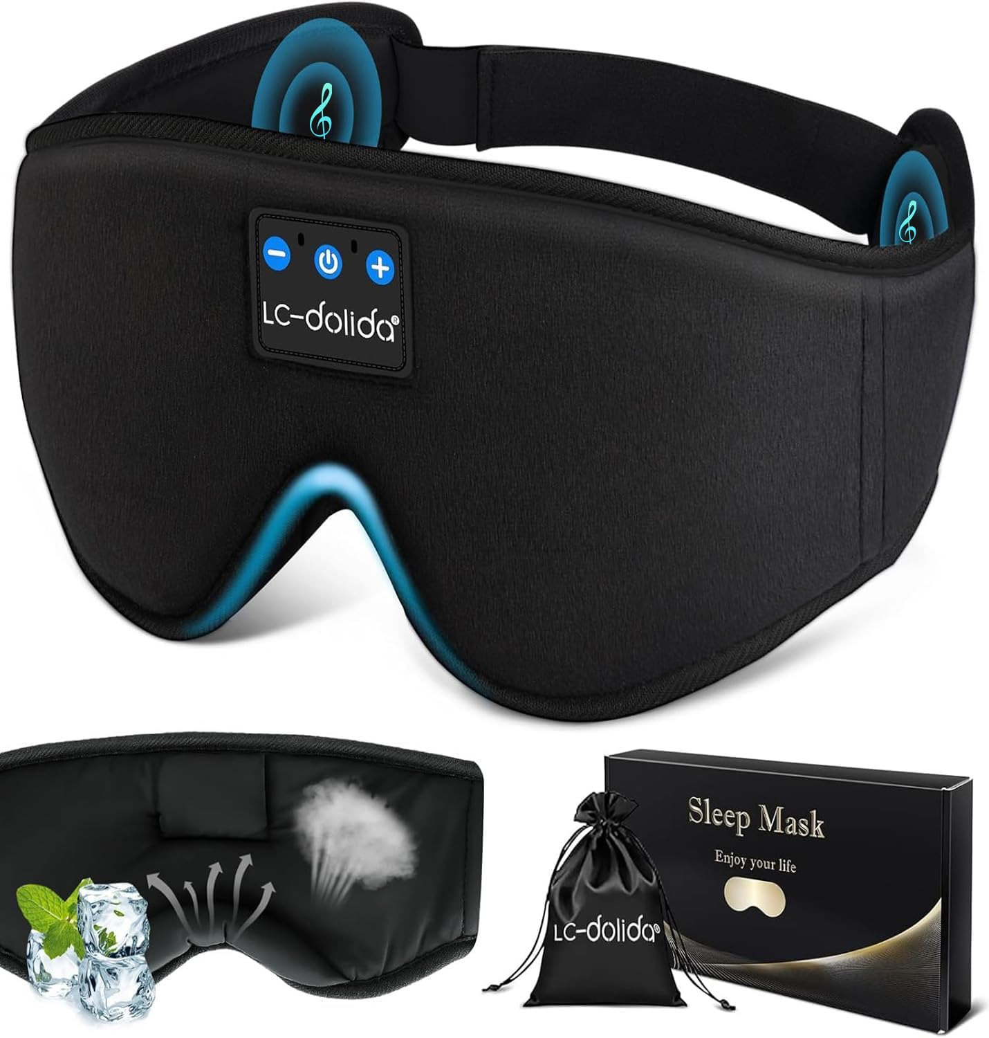 LC-dolida mascarilla de sueño con auriculares Bluetooth para descanso cómodo y bloqueo de luz.
