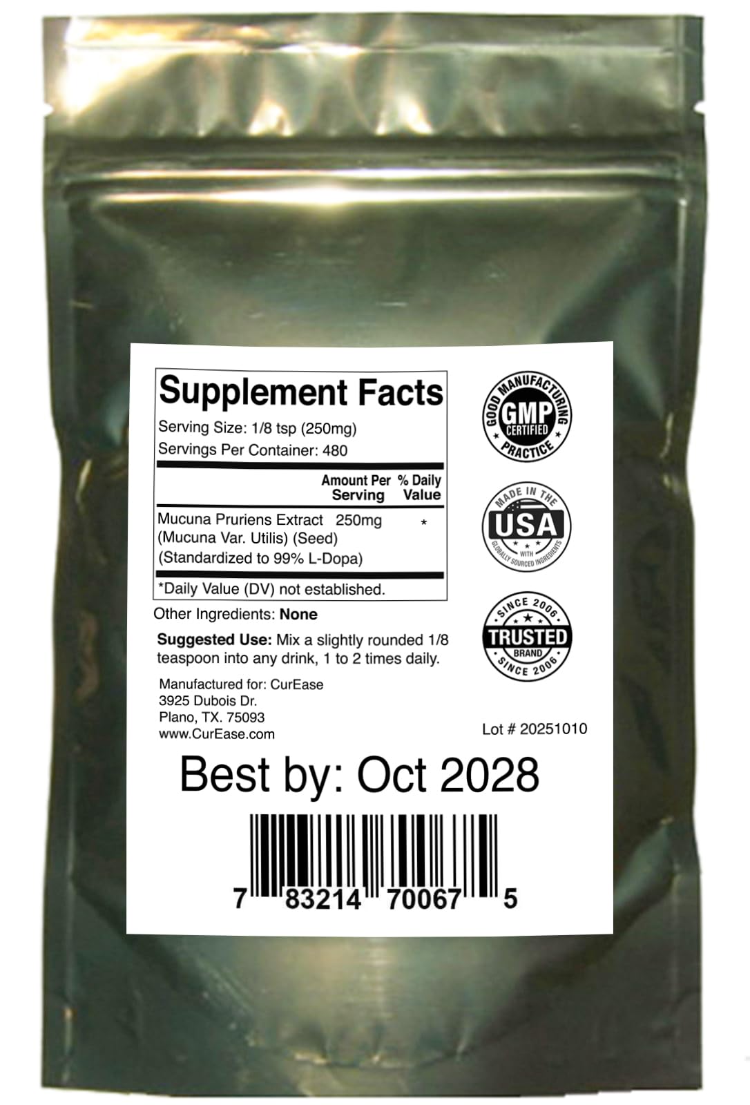 ldopa envase ziplock de 120 g, práctico para almacenamiento seguro