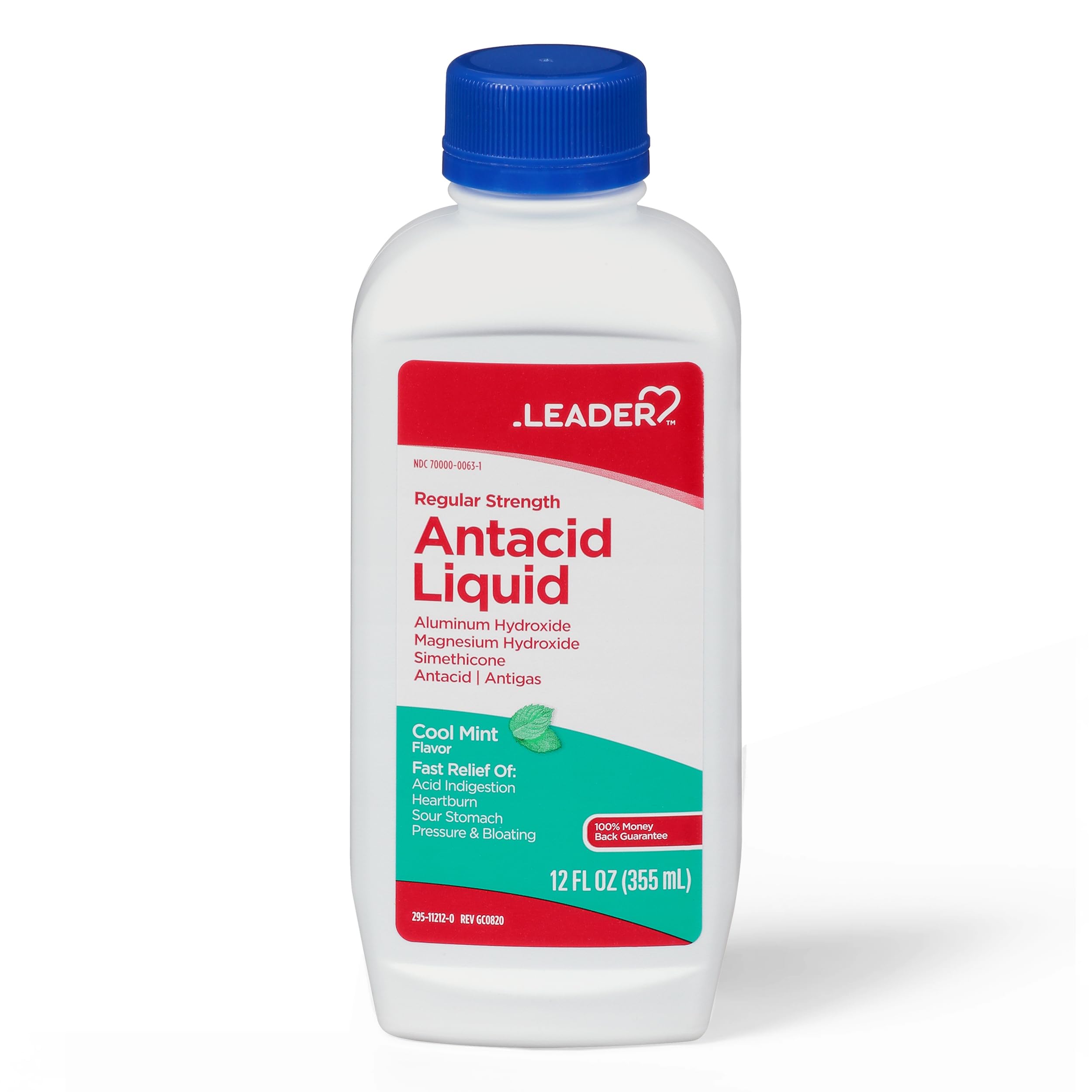 Leader Antiácido Líquido frente del producto, alivio rápido de la acidez estomacal.