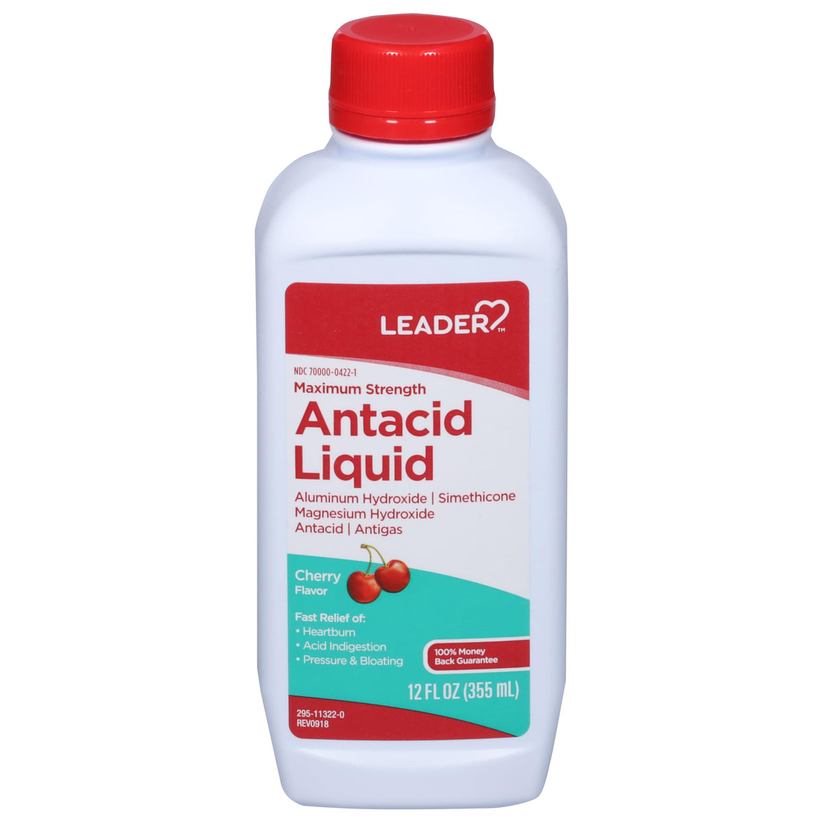 Leader antiácido líquido sabor cereza, botella en primer plano para alivio potencial de la digestión.