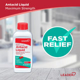 Leader antiácido líquido sabor cereza, etiqueta clara para identificar ingredientes y beneficios posibles.
