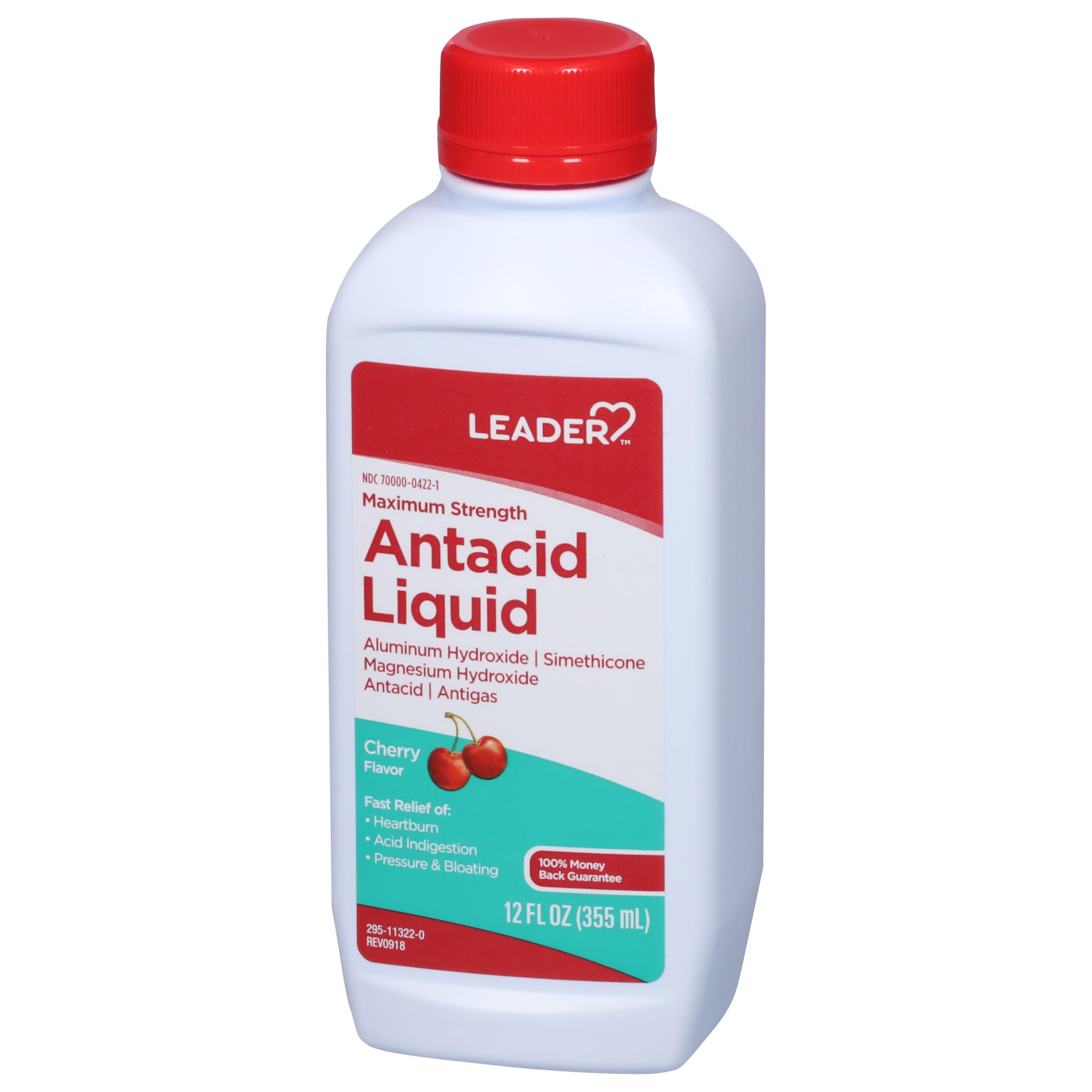 Leader antiácido líquido sabor cereza, persona vertiendo para ilustrar uso tras comidas.