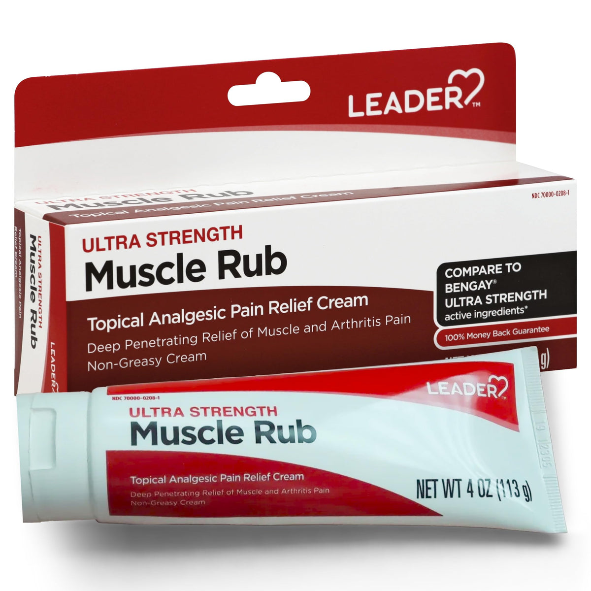 Leader Muscle Rub frasco analgésico para alivio rápido de molestias musculares.