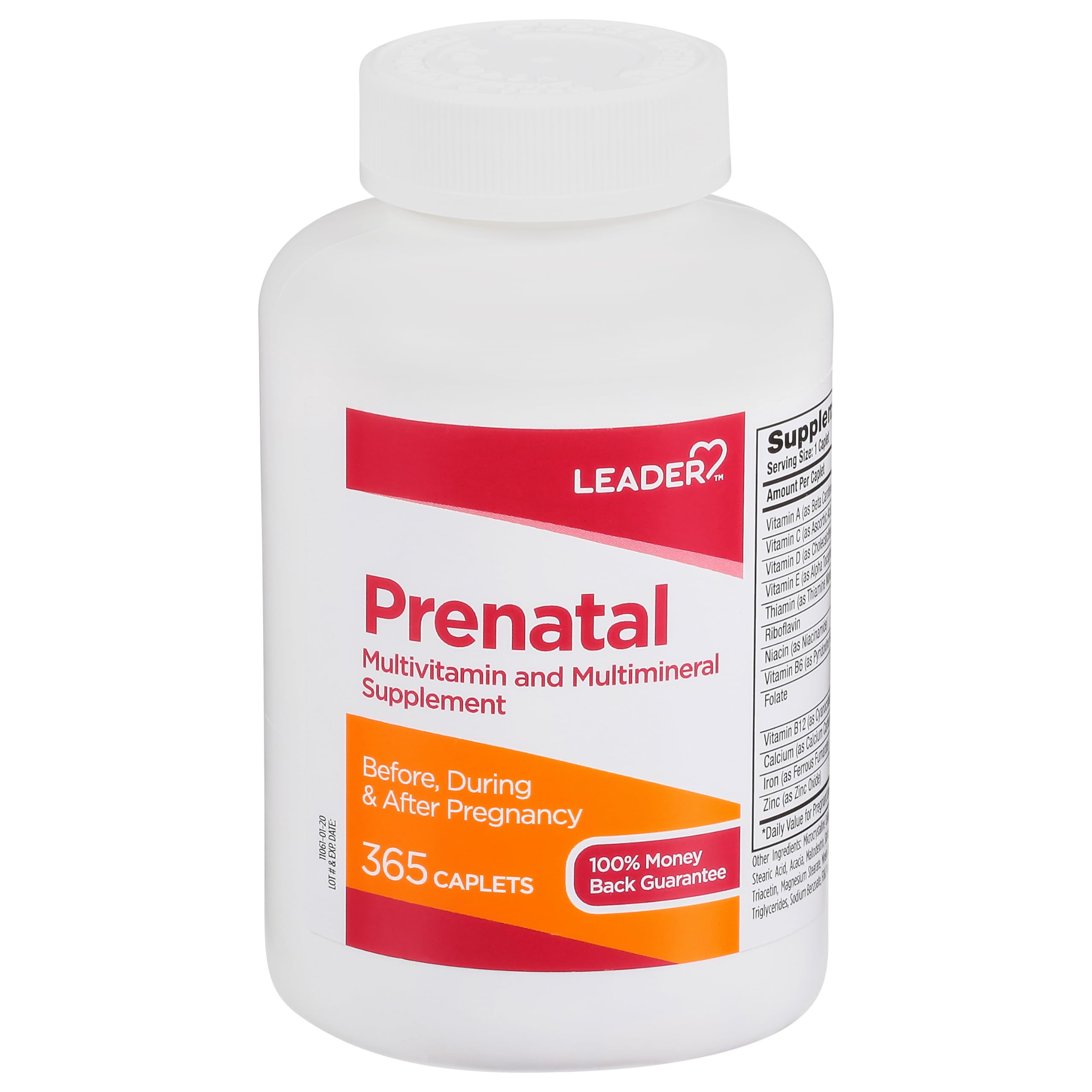LEADER Prenatal Multivitamin botella mostrando la fórmula de alta potencia para apoyo nutricional diario durante el embarazo