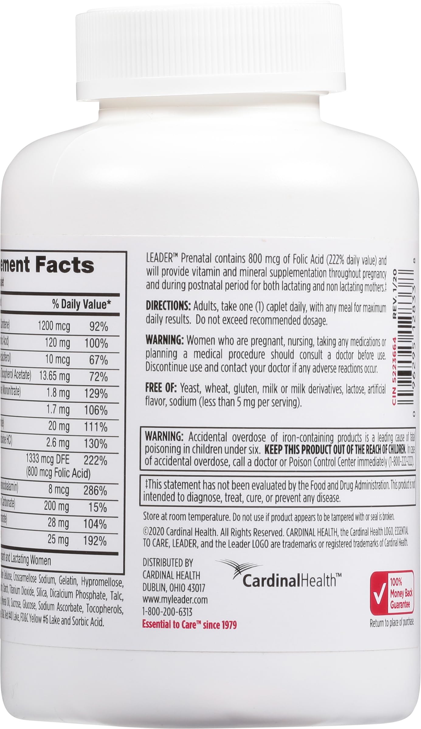 LEADER Prenatal Multivitamin etiqueta de ingredientes que destaca calcio, hierro y ácido fólico