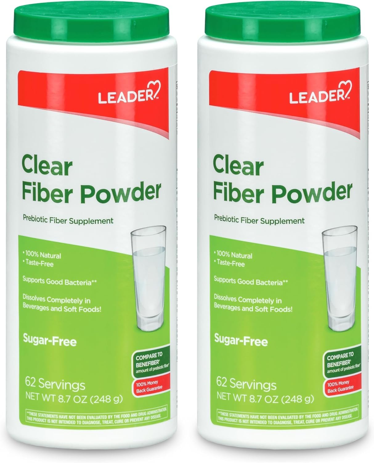 Leader suplemente de fibra prebiótica en polvo, envase visible, favorece la salud digestiva diaria