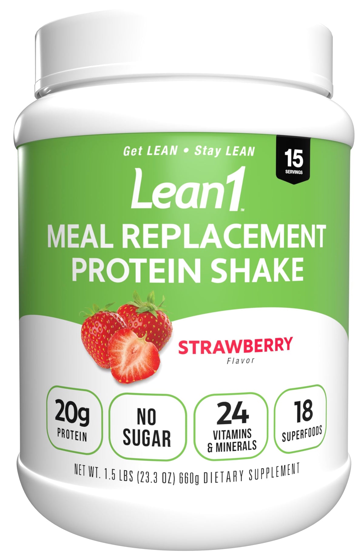 Lean1 batido reemplazo de almuerzo fresa, 15 porciones para saciar el hambre.
