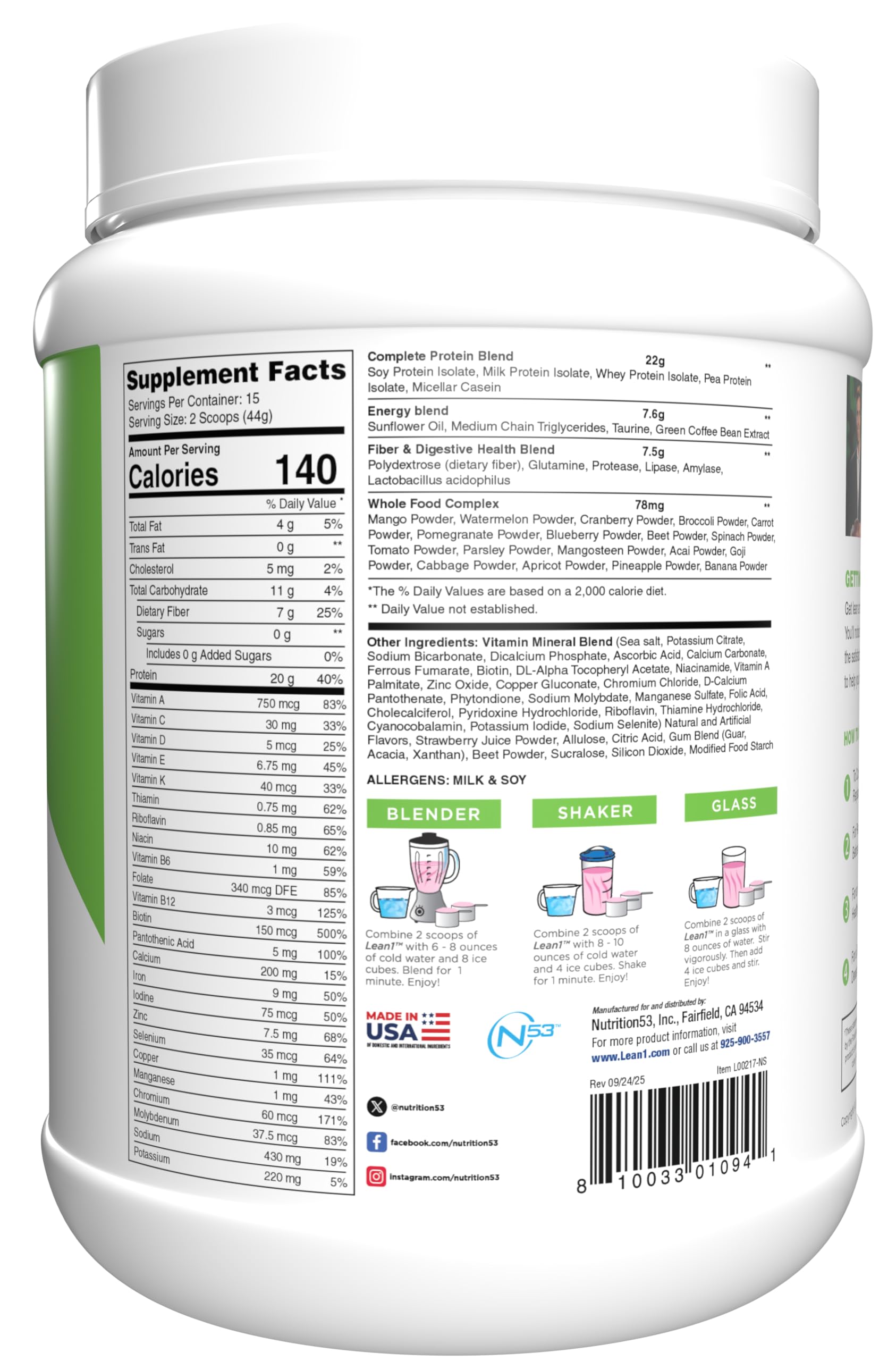 Lean1 envase de 15 porciones, práctico para consumo diario en casa o trabajo.