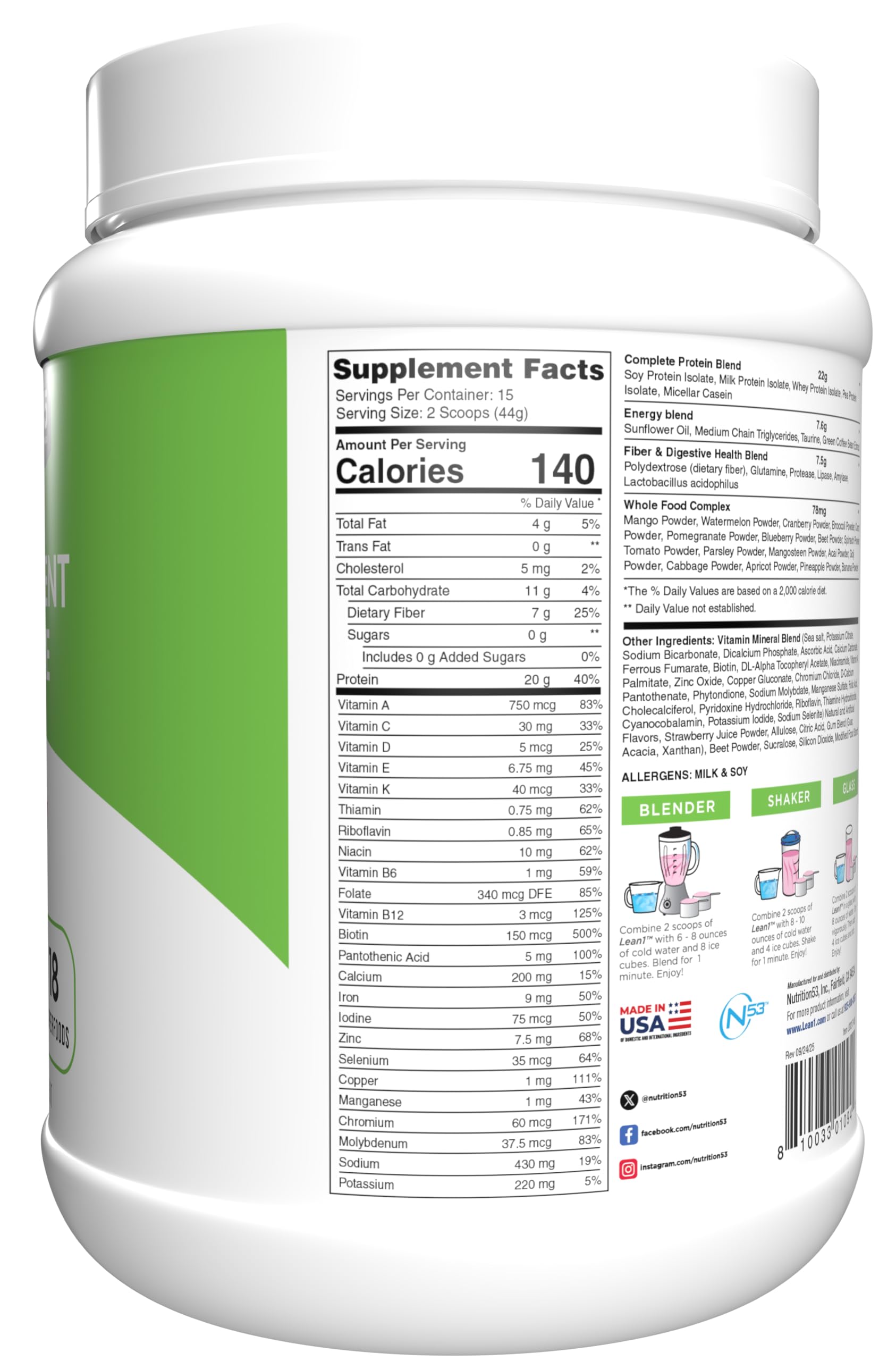 Lean1 mezcla proteica completa con sabor a fresa, ideal para mantener la energía diaria.