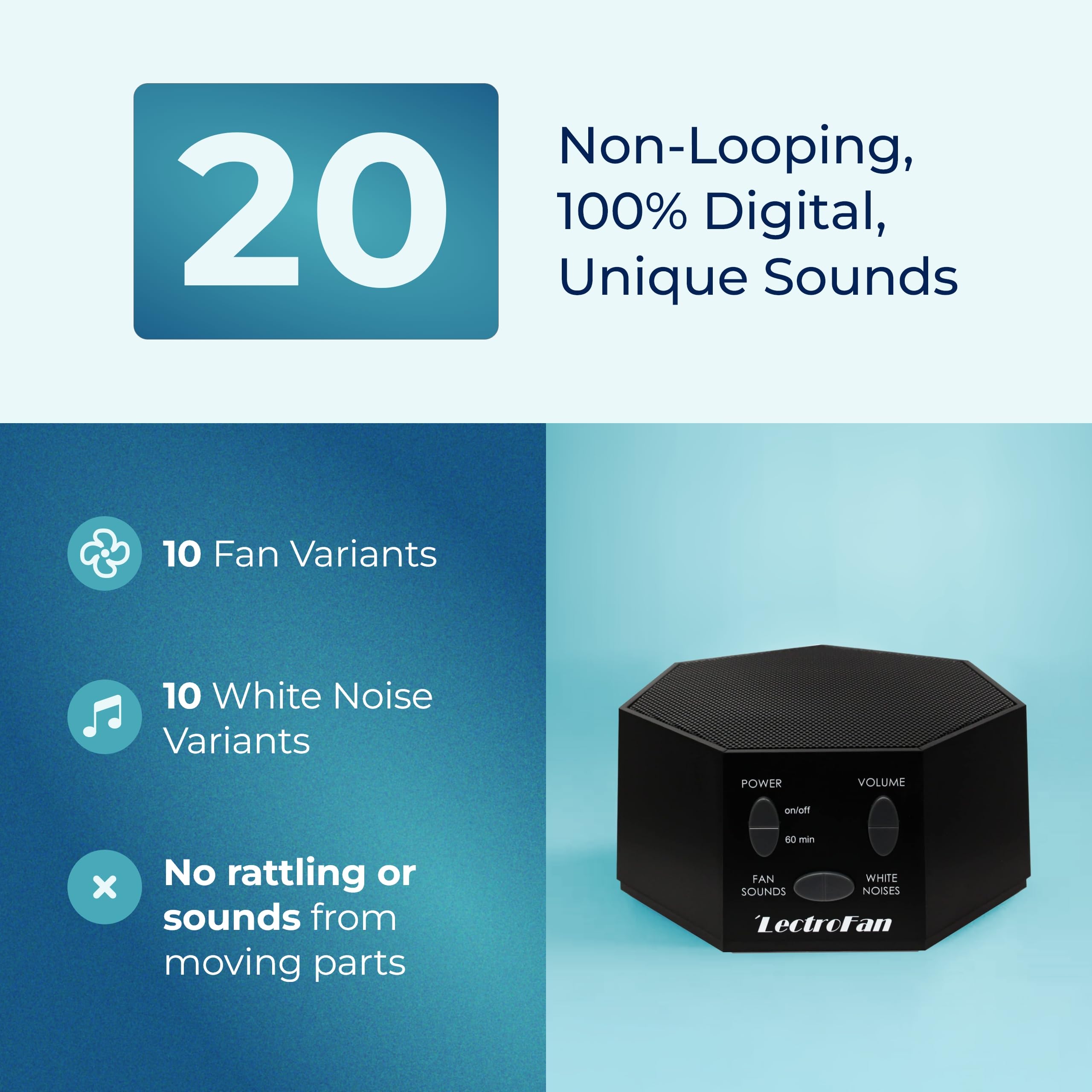 LectroFan Clásico con 20 sonidos no repetitivos para concentración y relajación