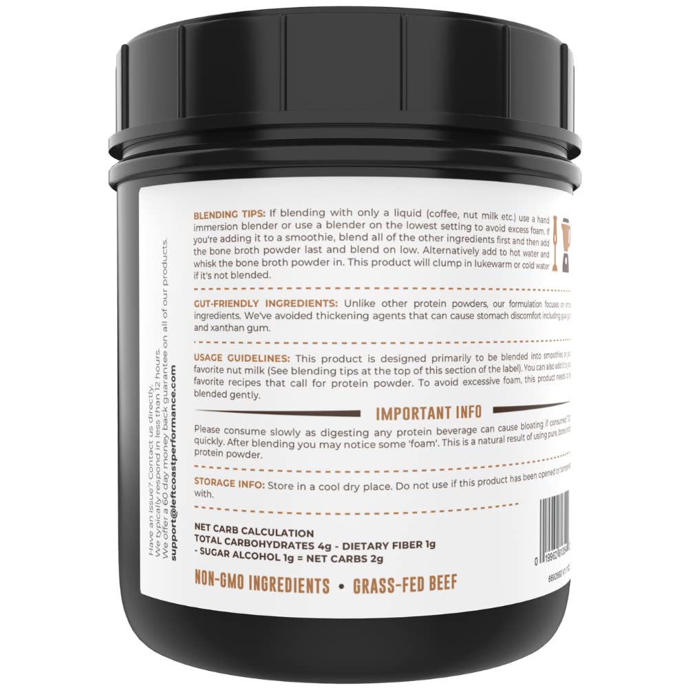 Left Coast Performance etiqueta del producto de caldo de hueso chocolate para cocina saludable.