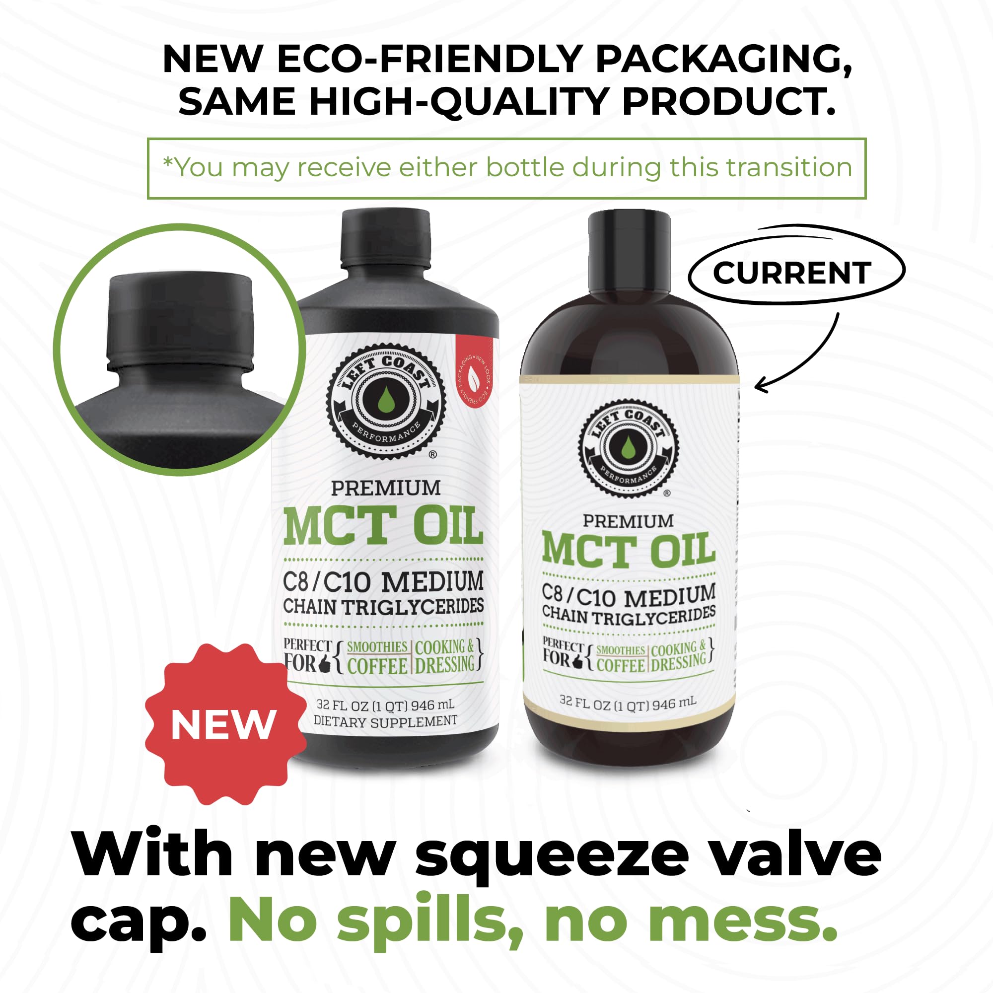 Left Coast Performance MCT Aceite Coco vertido en cafe para impulso suave
