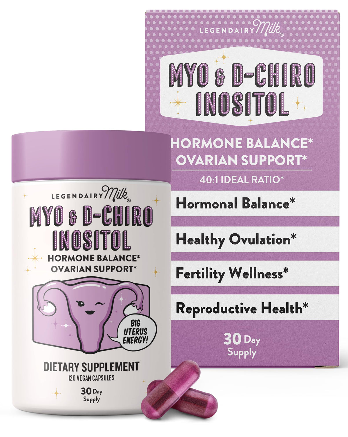 Legendairy Milk Myo-Inositol en botella para apoyo diario de equilibrio hormonal.