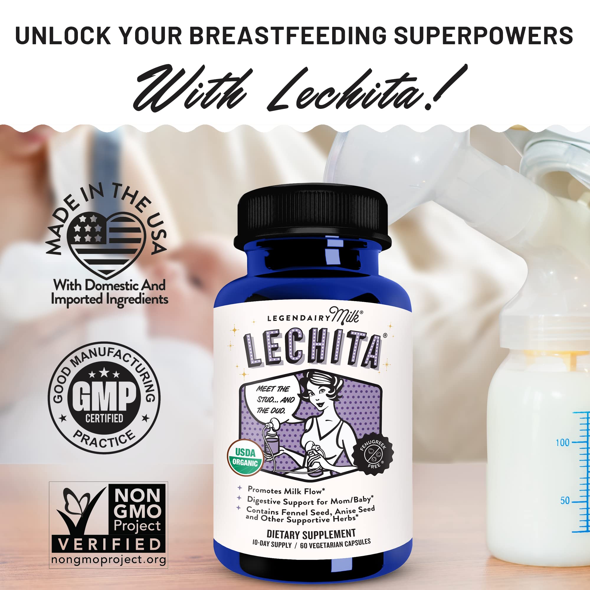 Envase de Legendairy Milk Lechita, práctico y seguro para uso diario durante la lactancia.