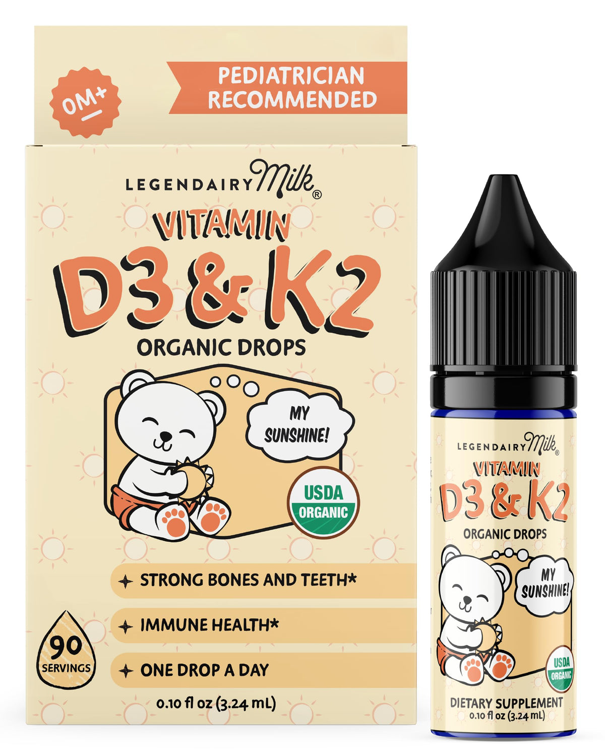 Legendairy Milk Vitamin D Drops en botella: apoyo diario al desarrollo óseo del bebé.