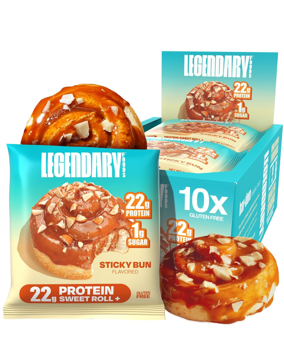 Legendary Foods barra proteína sabor canela, snack rápido y nutritivo.