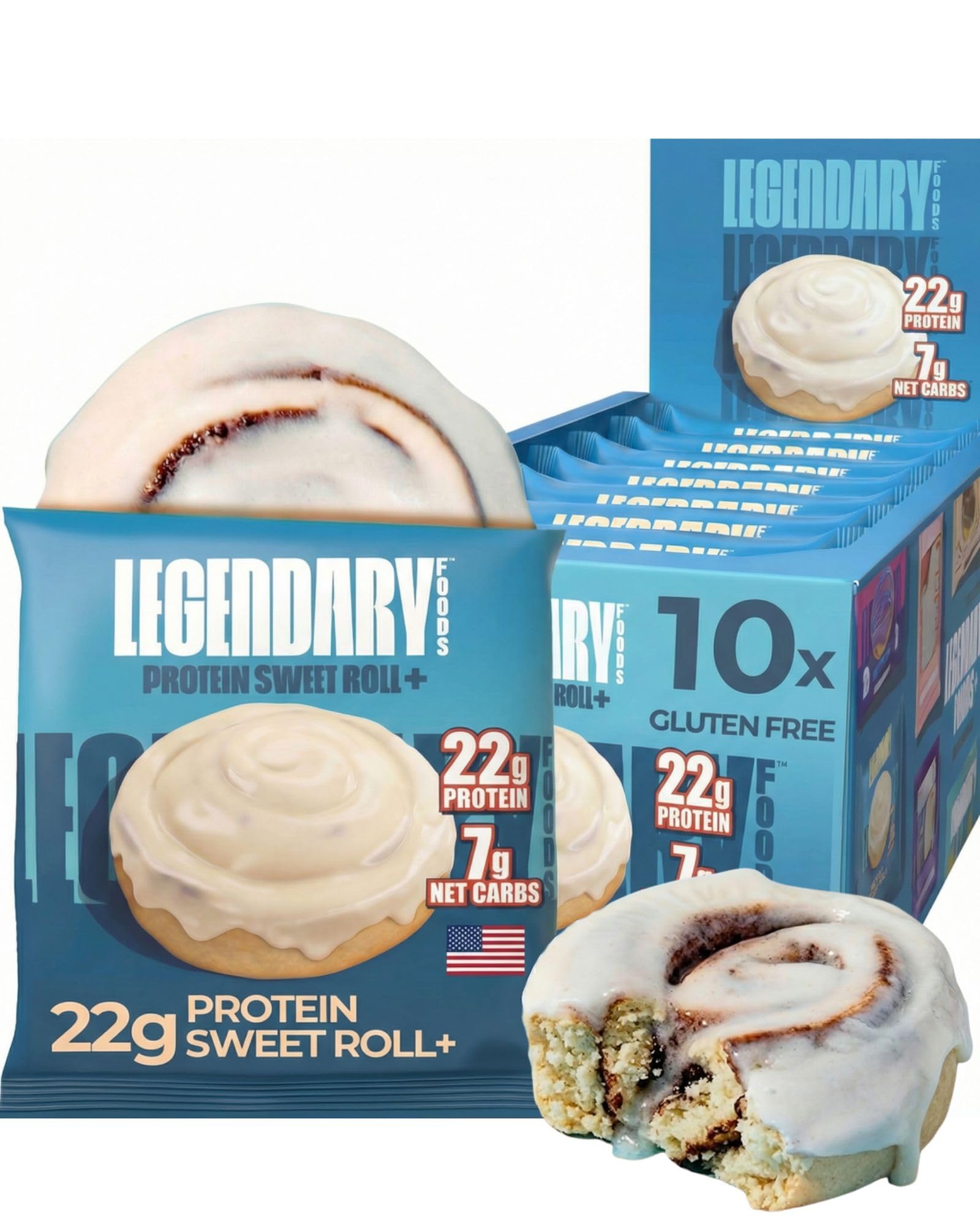 Legendary Foods barra proteica sabor canela, empaque, tentempié proteico conveniente