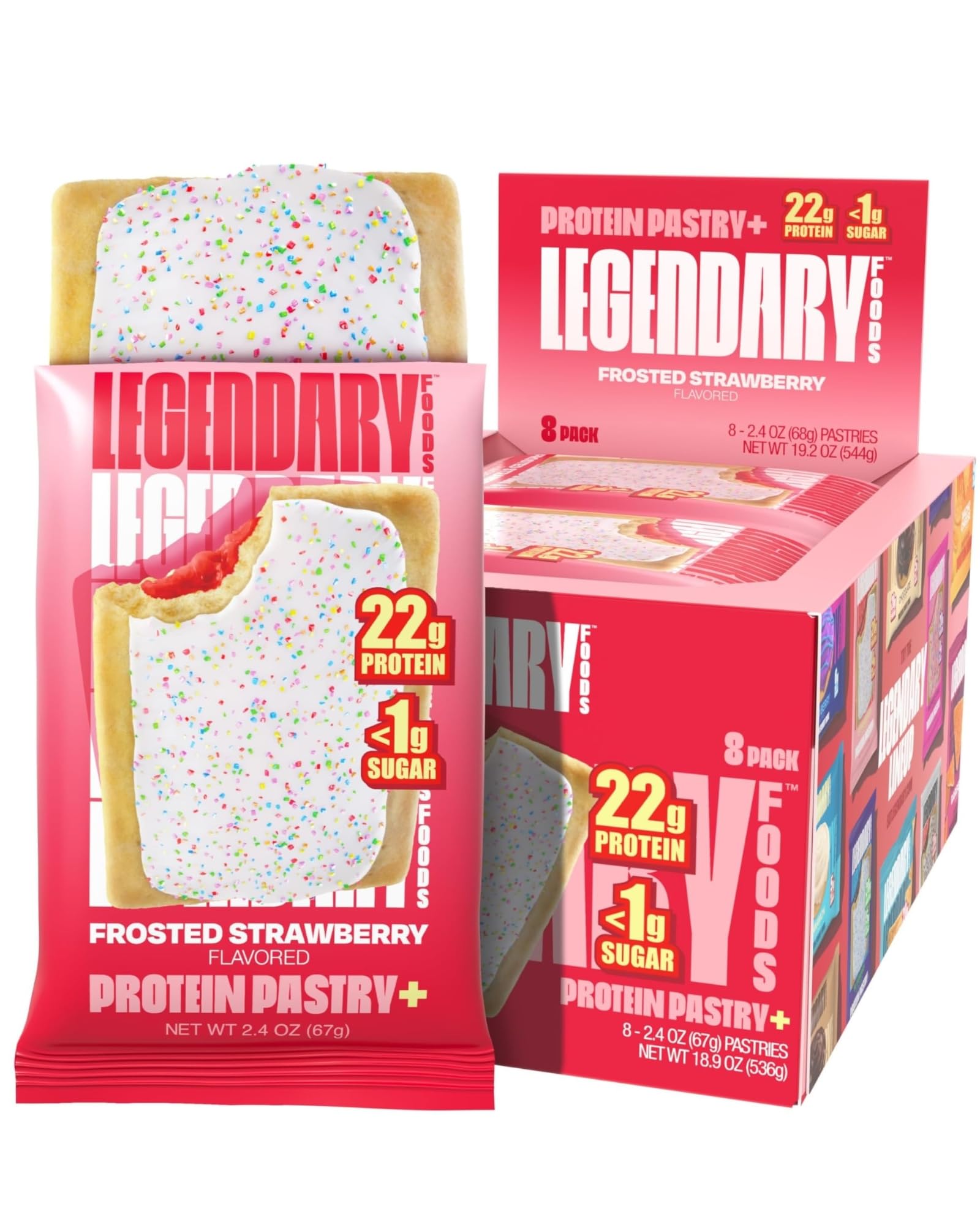 Legendary Foods Pastel Proteico Frosted Strawberry en caja de 8 unidades para llevar