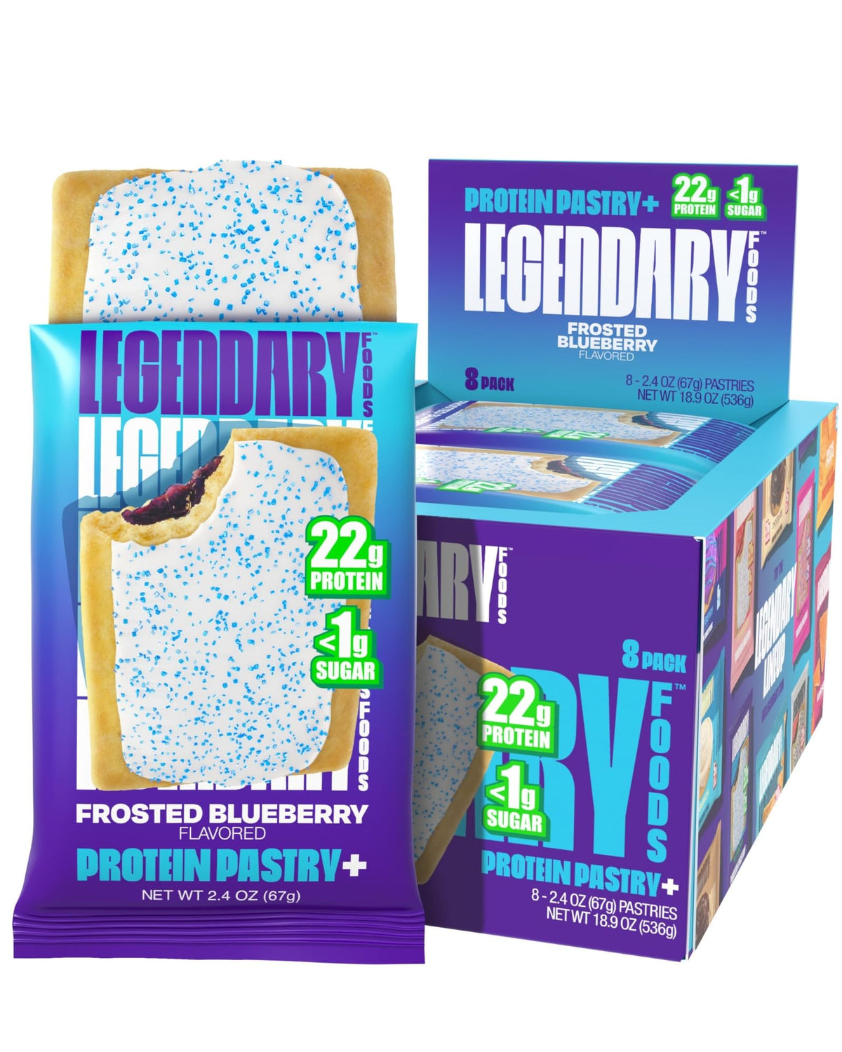 Legendary Foods pastel proteico 22g arandano-glaseado, empaque práctico para snack diario.