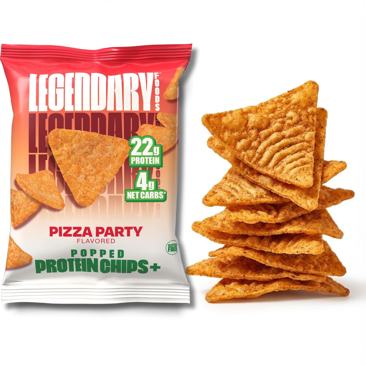 Legendary Foods Pizza Party chips de proteína: empaque frontal para snack alto en proteína.