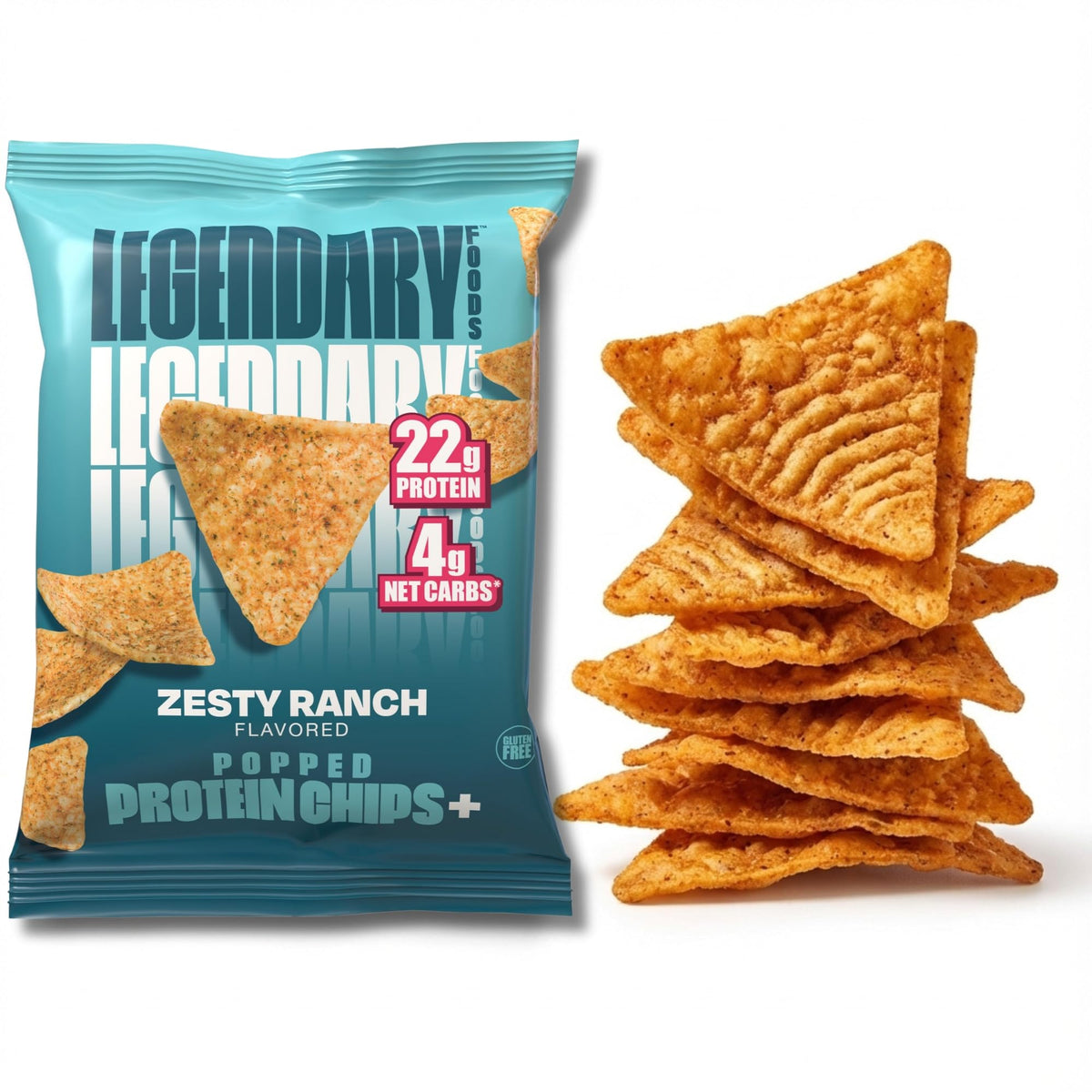Legendary Foods Zesty Ranch chips, bolsa abierta con textura crujiente, snack proteico post entrenamiento