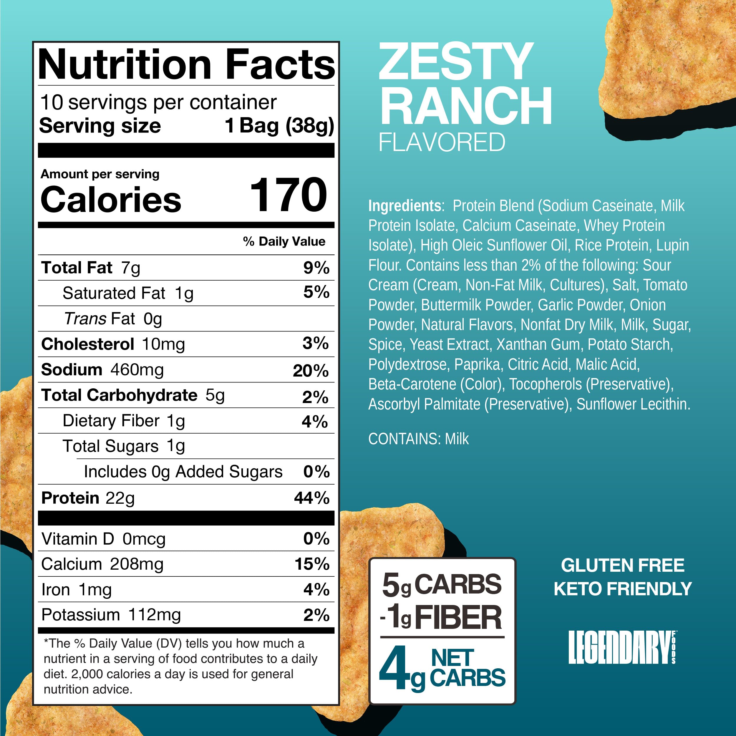 Legendary Foods Zesty Ranch chips, etiqueta visible, plan cetogénico y carbohidratos controlados