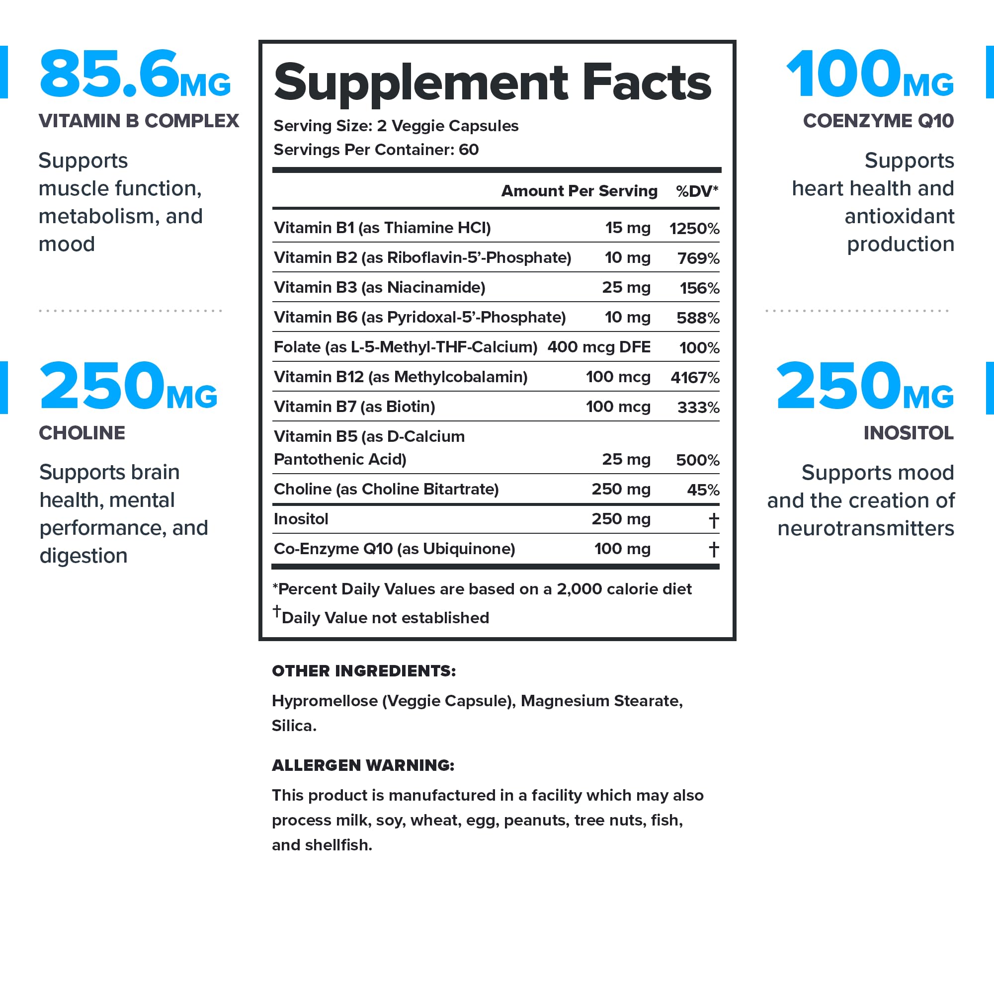 LEGION Vitamin B-Complex: etiqueta con Colina e Inositol y coenzima Q10