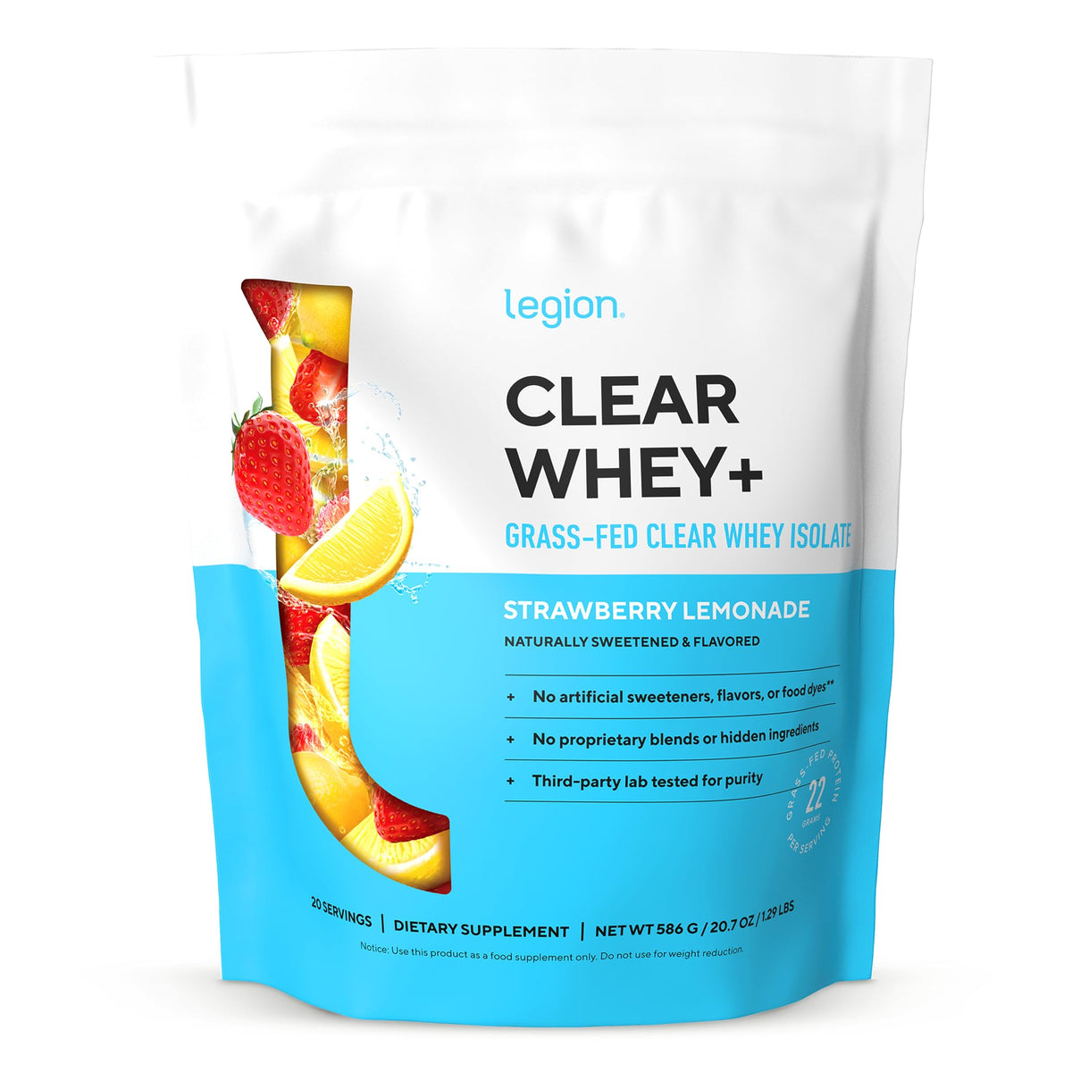 LEGION Clear Whey+, botella vertiendo, proteína limpia para recuperación rápida tras entreno.