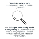 LEGION Clear Whey+, etiqueta transparente que destaca ingredientes y pureza del producto.
