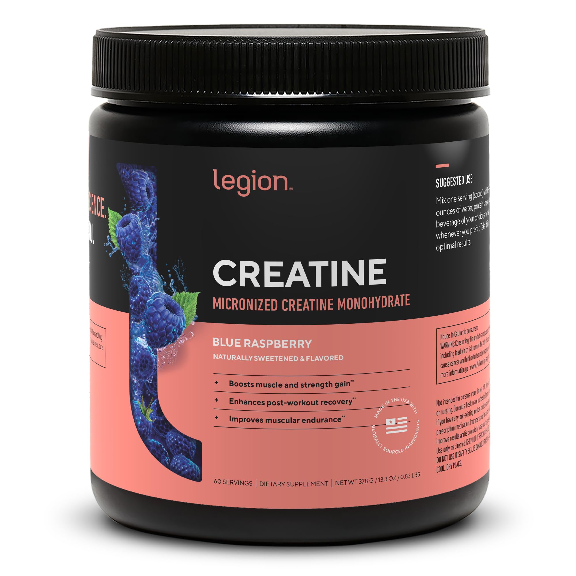LEGION creatina micronizada en vaso, mezcla para entrenamiento sostenido