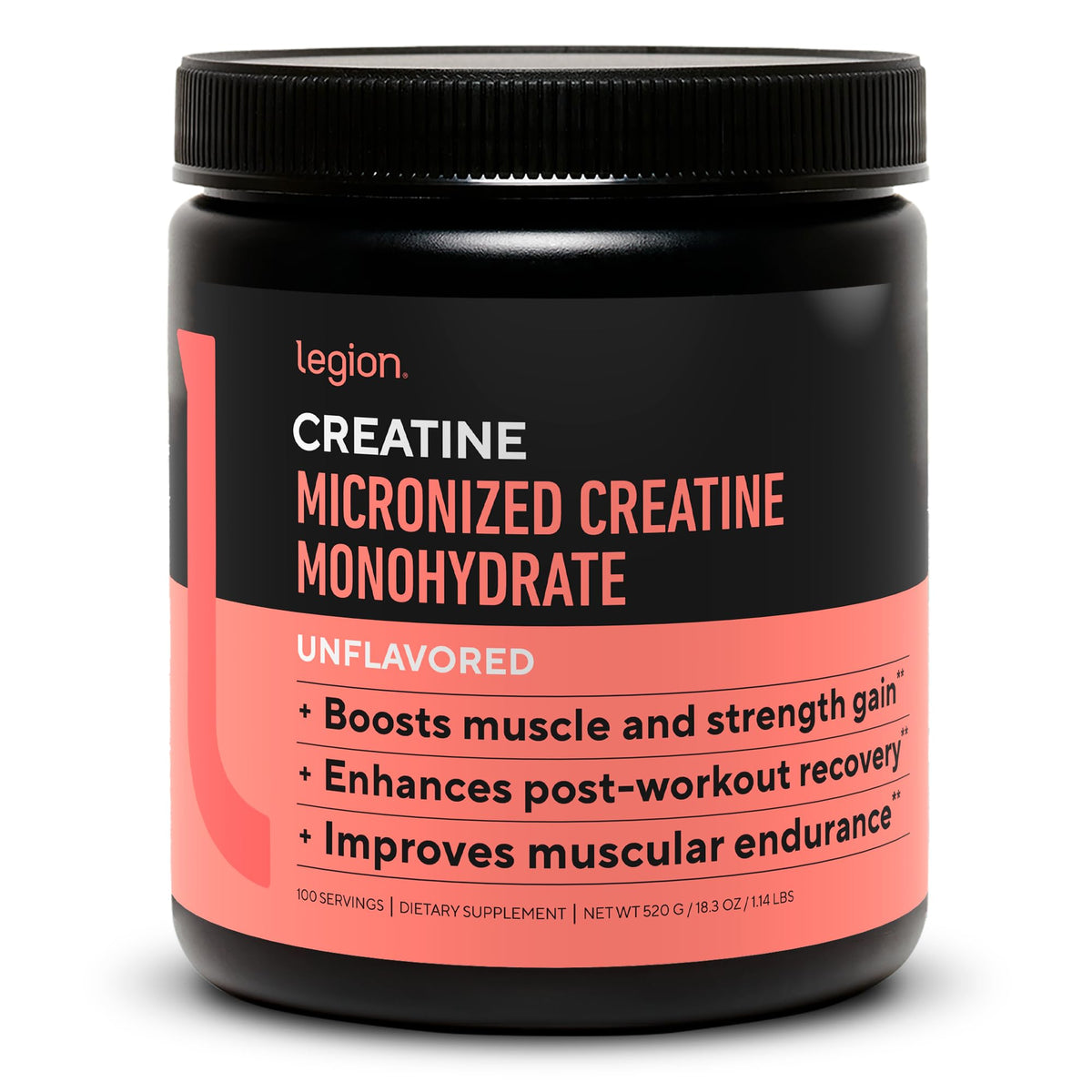 LEGION creatina micronizada monohidrato en vaso para apoyo al rendimiento.