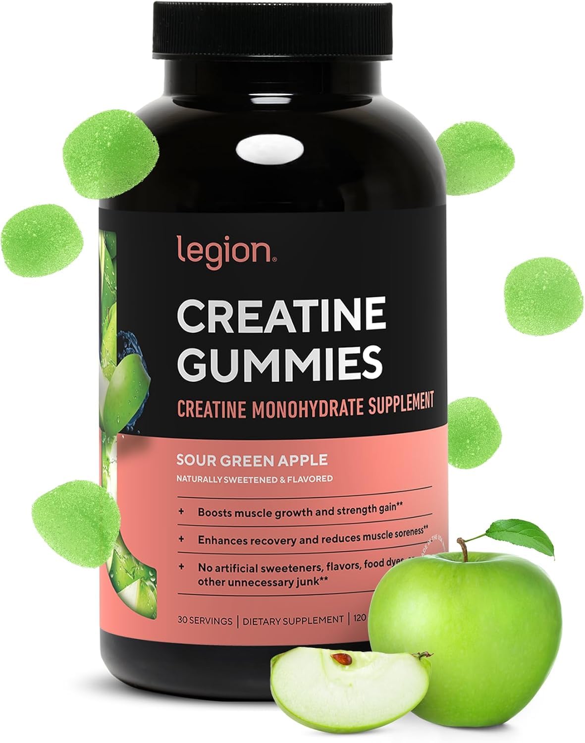 LEGION Creatina Monohidrato gomitas en botella, ideales para uso diario en entrenamientos.