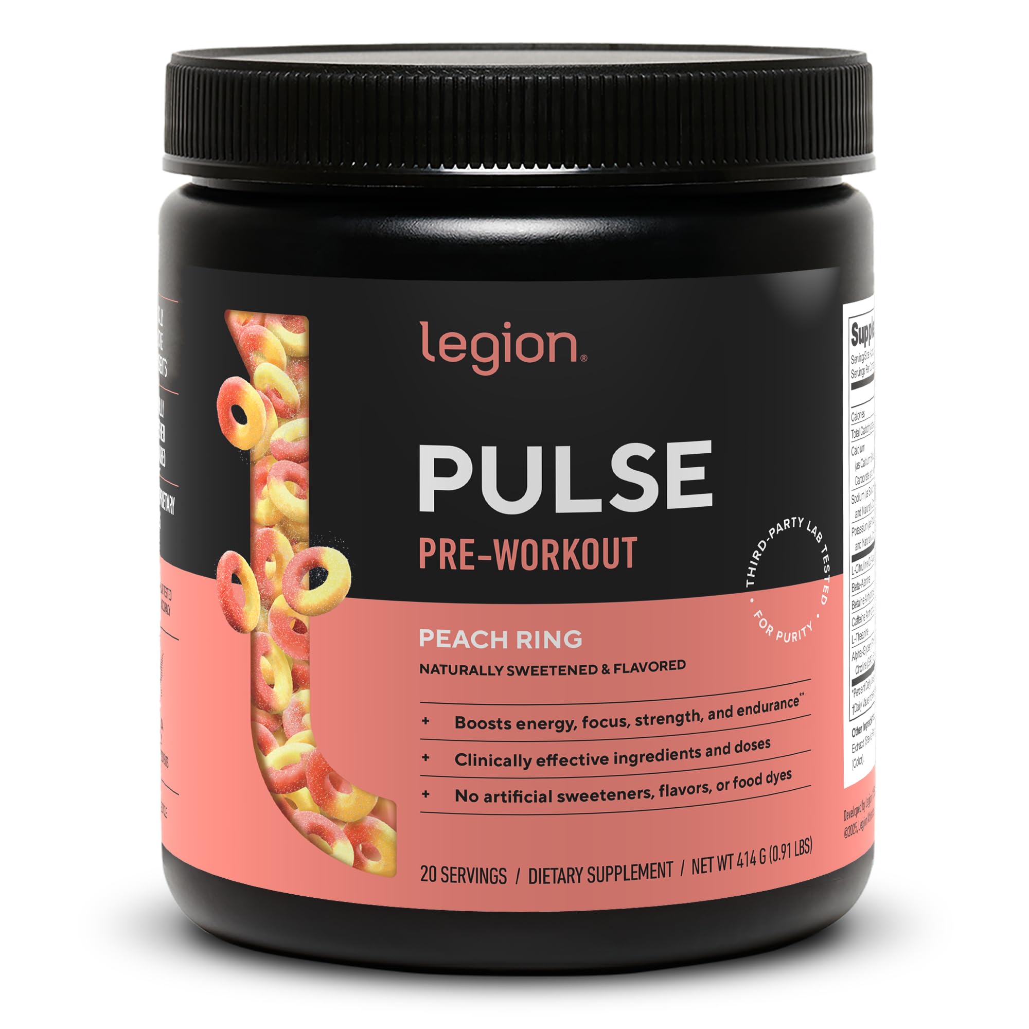 LEGION Pulse Pre Workout durazno - botella visible para un impulso de energía previa al entrenamiento