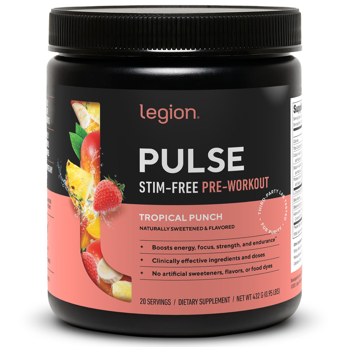 Legion Pulse envase colorido con sabor tropical punch para energía durante el entrenamiento.