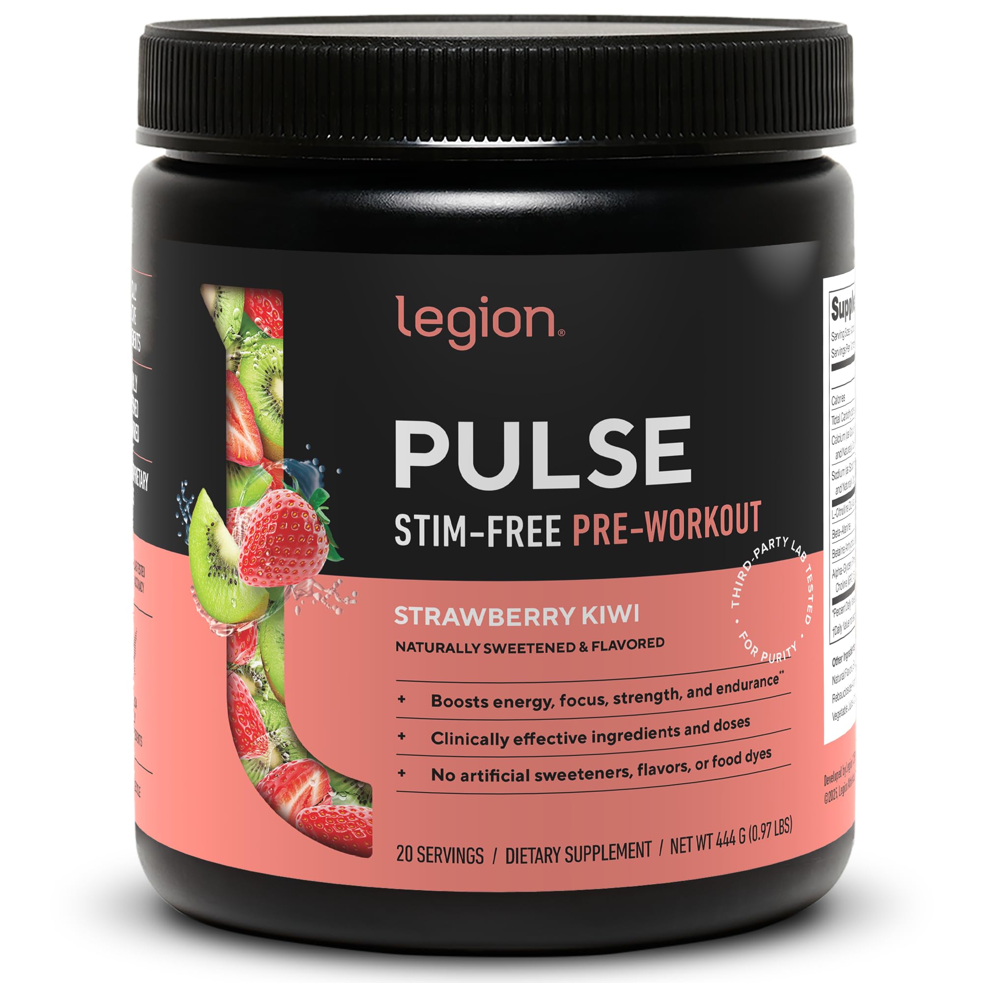 LEGION Pulse frasco sin cafeína, sabor fresa kiwi, listo para entrenar.