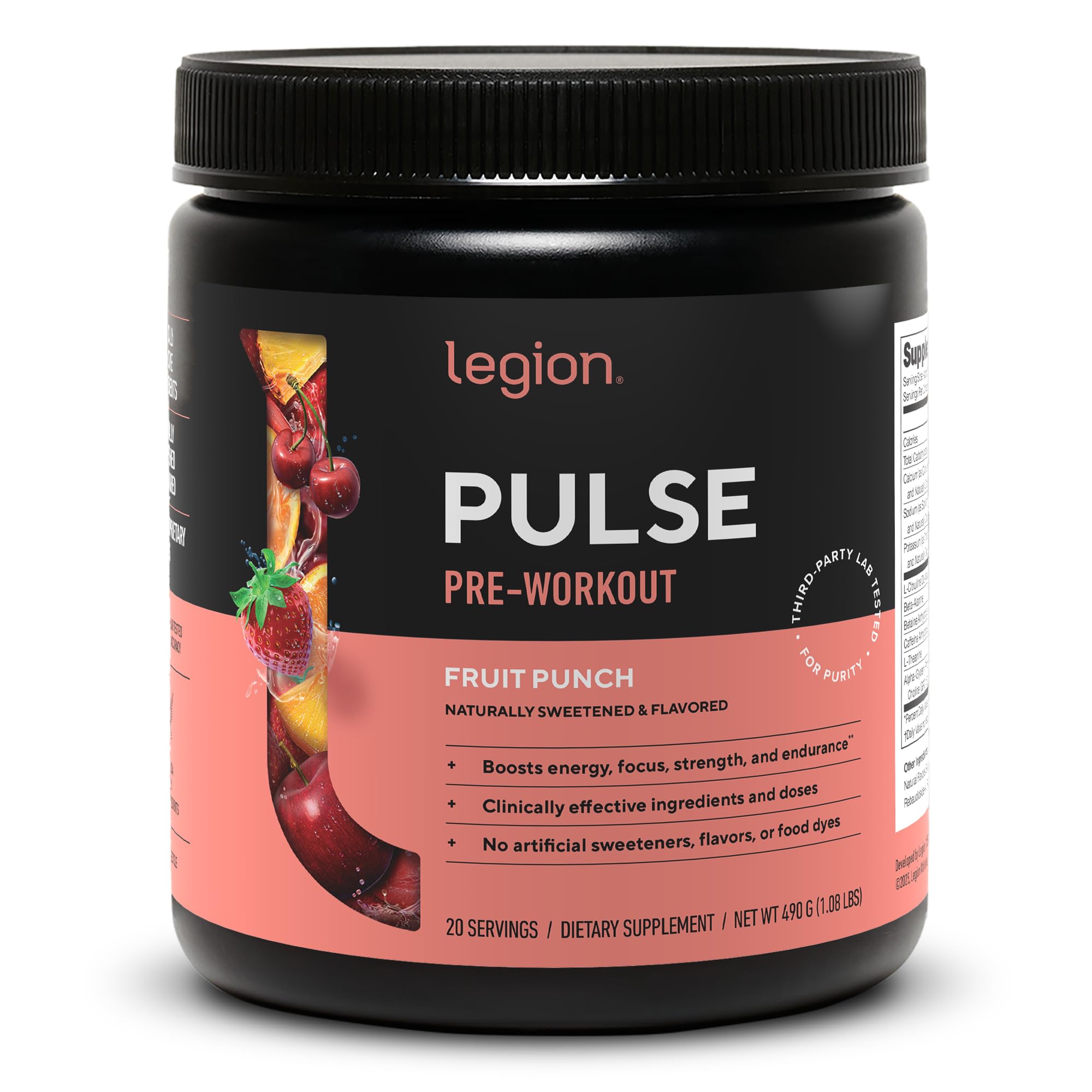 LEGION Pulse preentrenamiento en bote, sabor fruta punch para energía sostenida