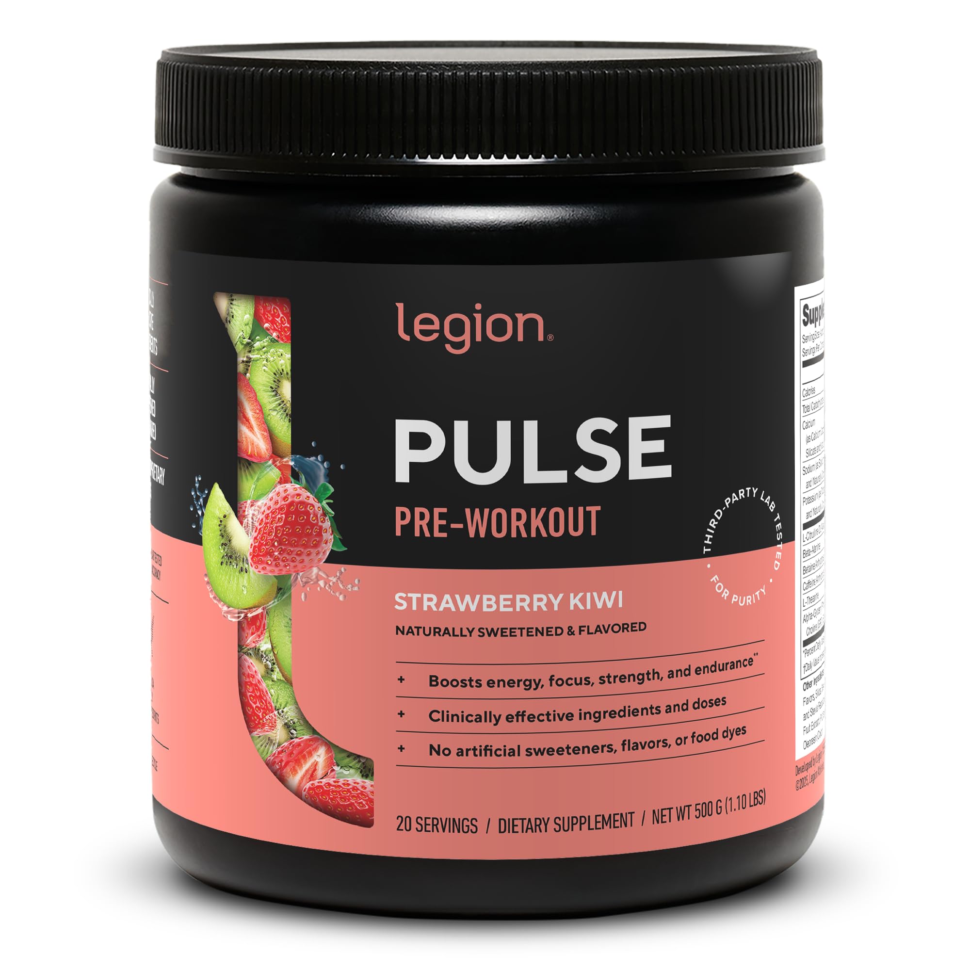 LEGION Pulse pre-entrenamiento, sabor fresa kiwi, energía sostenida para entrenamientos intensos.