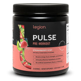 LEGION Pulse pre-entrenamiento, sabor fresa kiwi, energía sostenida para entrenamientos intensos.