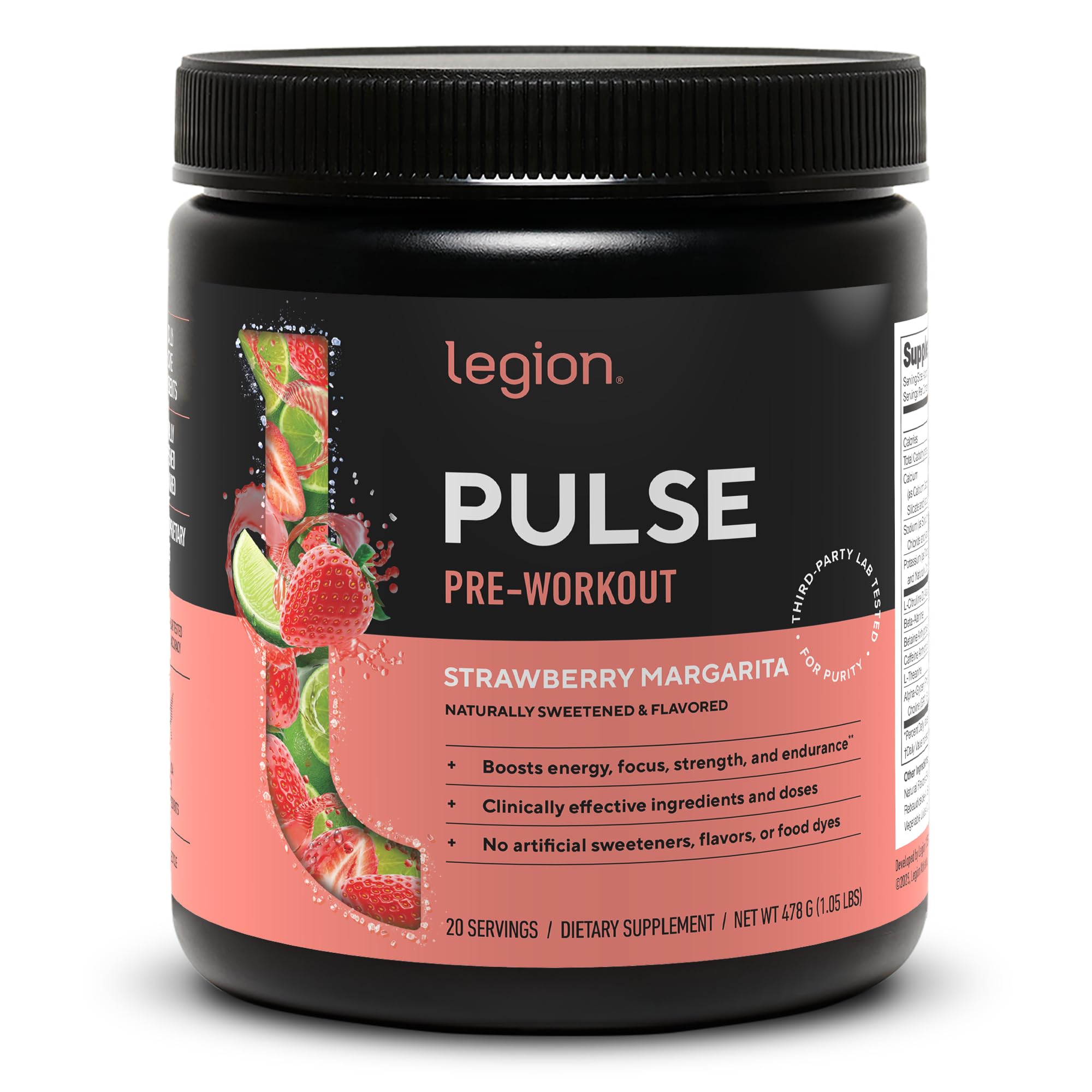 LEGION Pulse preentrenamiento, vista frontal de la botella, energía sostenida para entrenos intensos.