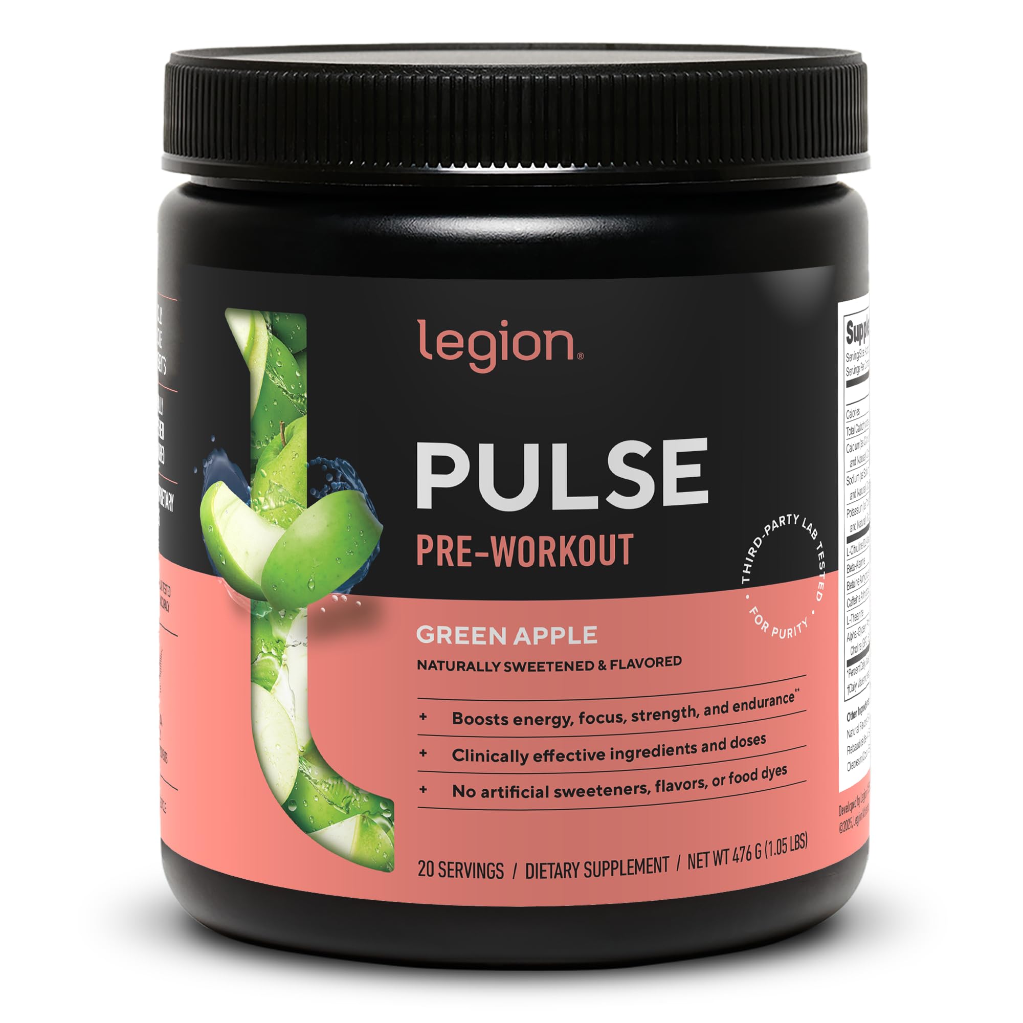 Legion Pulse Preentrenamiento: envase con dosis claras para energía sostenida.