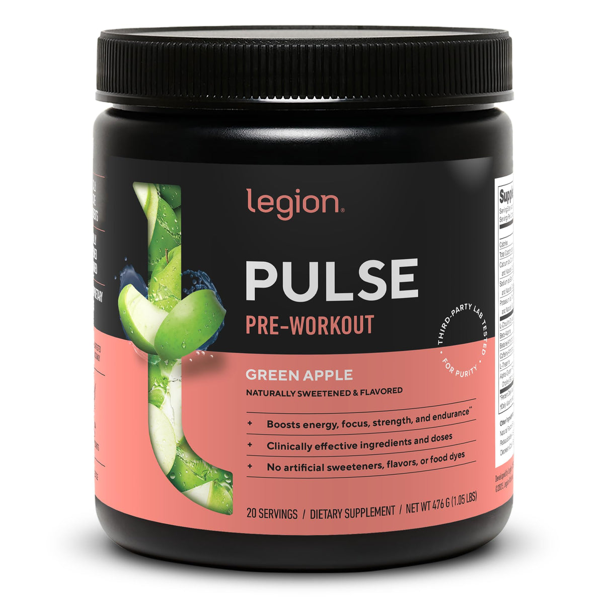 Legion Pulse Preentrenamiento: envase con dosis claras para energía sostenida.