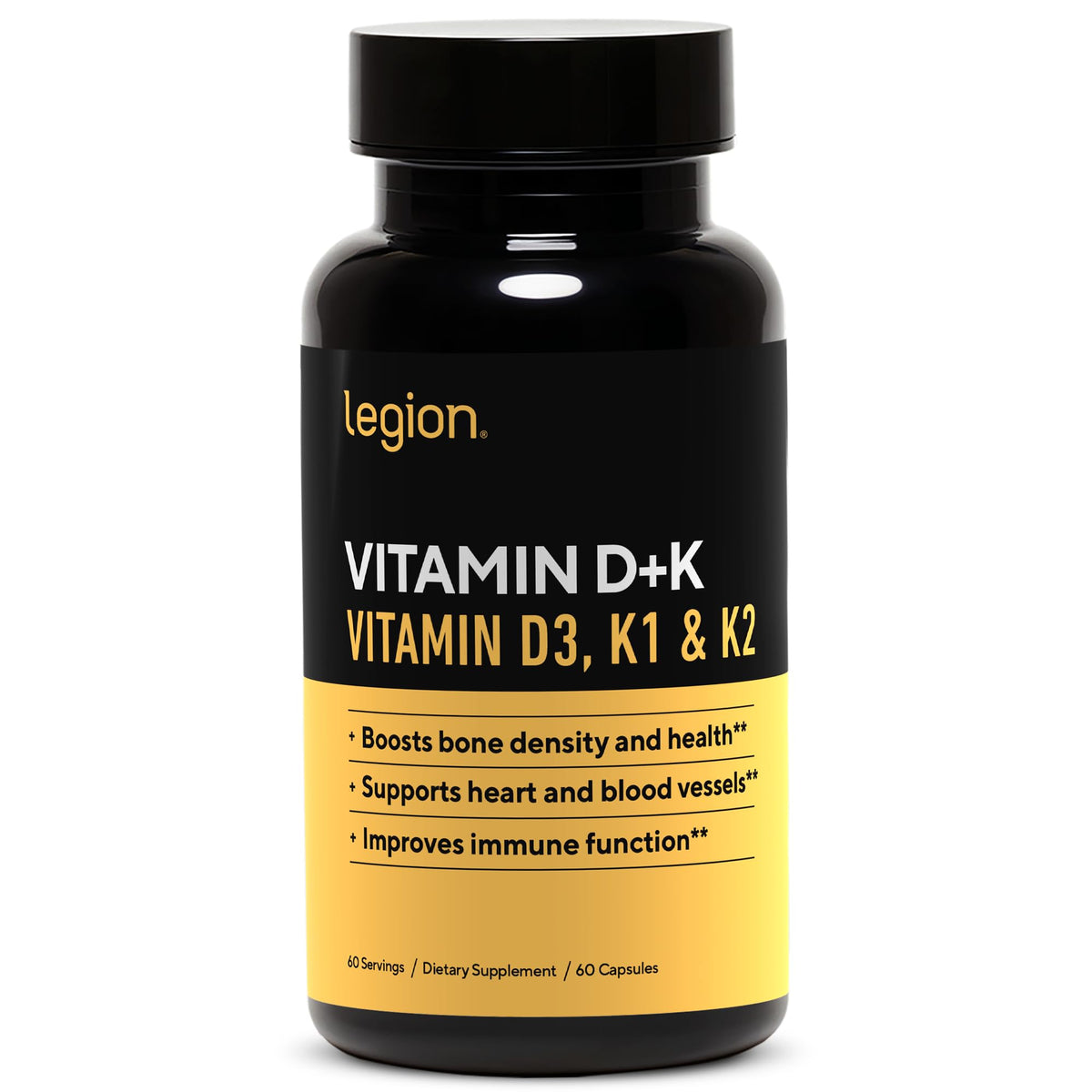 LEGION Vitamina D3 K2, botella con etiqueta clara para la dosis diaria